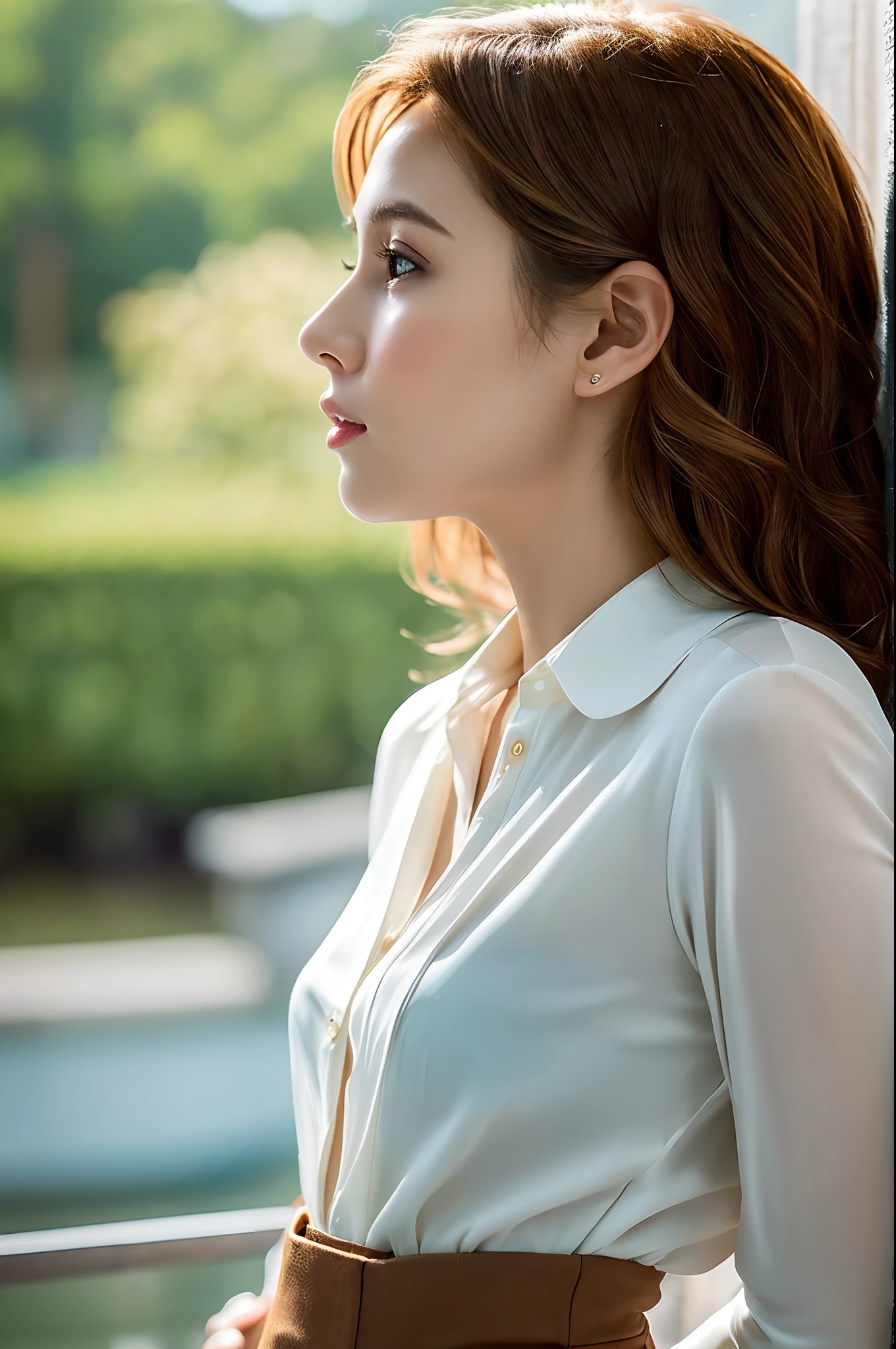 Create an image of a woman viewed from the side, her gaze directed towards the camera. She possesses an elegant profile, with sun-kissed skin that catches the light delicately. Her eyes, adorned with a touch of mystery, express a combination of confidence and allure. Cascading waves of chestnut-brown hair frame her face, contributing to her timeless beauty. She wears a stylish yet understated outfit, perhaps a tailored blouse and flowing skirt, enhancing her poised demeanor. The scene is set with a soft backdrop, allowing the woman's features to shine. Capture this moment from a side angle, showcasing her grace and charm as she gazes thoughtfully into the distance.