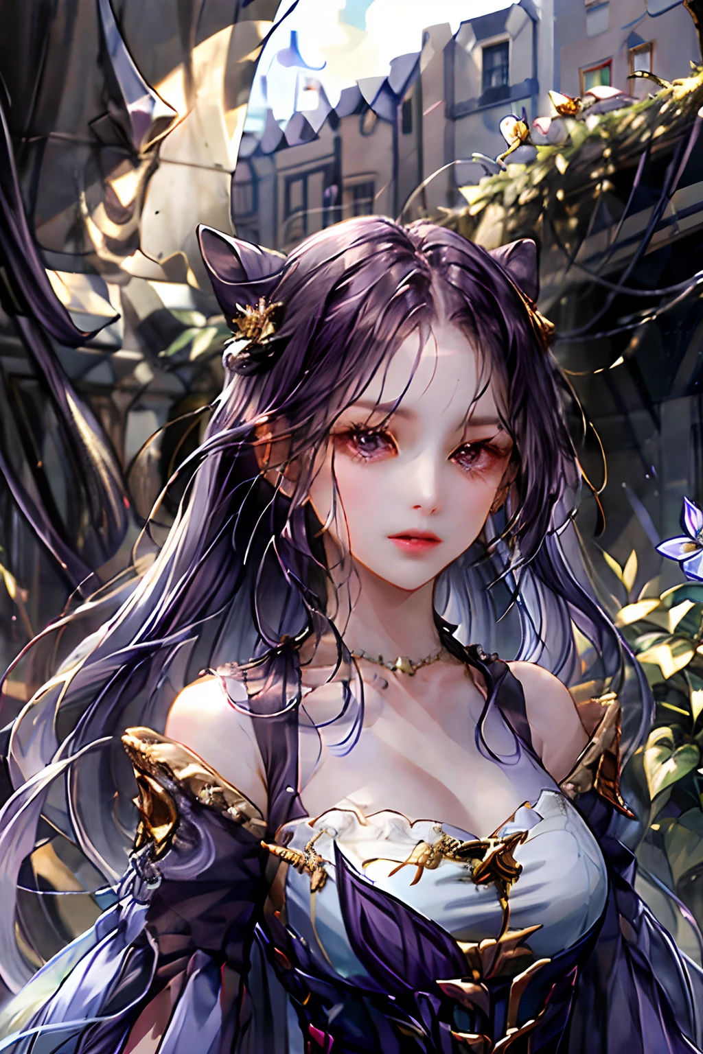 (absurdres, highres, ultra detailed), 1girl, solo, mature, (very purple hair, purple hair), Baroque, Necklace, long dress, long sleeve, elegant, colorful, highest detailed, upper body, outdoors, garden