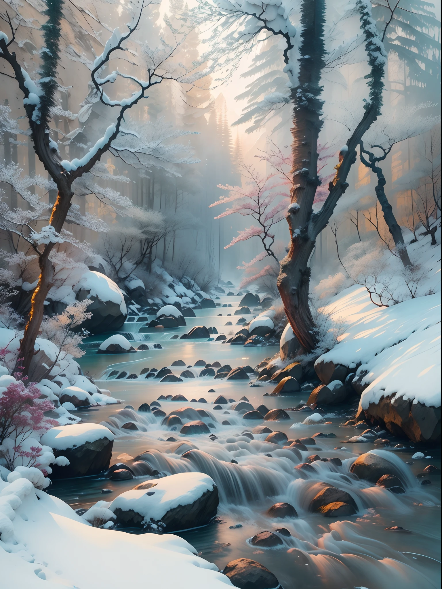 (Best quality, photo-realistic:1.2), Nature,lindo cenario，Beautiful scenery， Melt snow and ice, （Mountain streams and flowing water，Clear stream），age-old tree,Masterpiece:1.23, Photography.