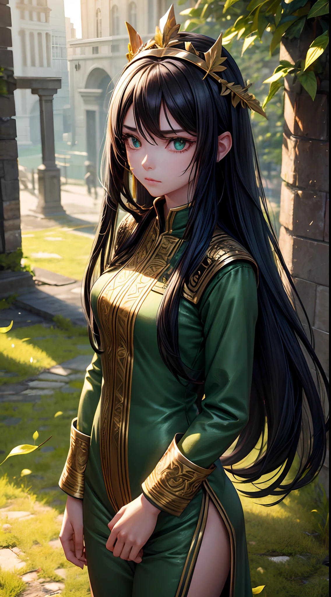 Young Female, Black Long Hair, Green Eye with Leaves Pupil, Leaves Crown, Vault Jumpsuit, Golden City Theme, Sad Emotion mood, Cute, 3D, Realistic, HDR, HD, Background, RTX, 2K, Masterpiece.