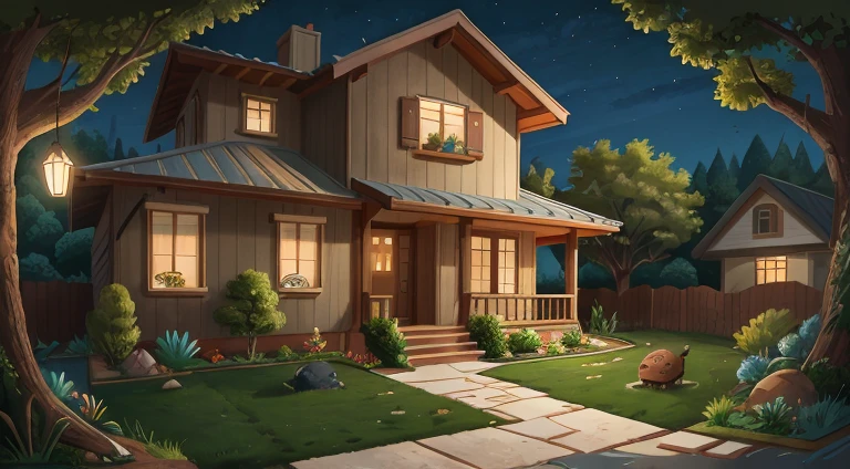 front yard, yard, house, modern house, no people, background only (masterpiece, 8k ality, award winning, super detailed) in night