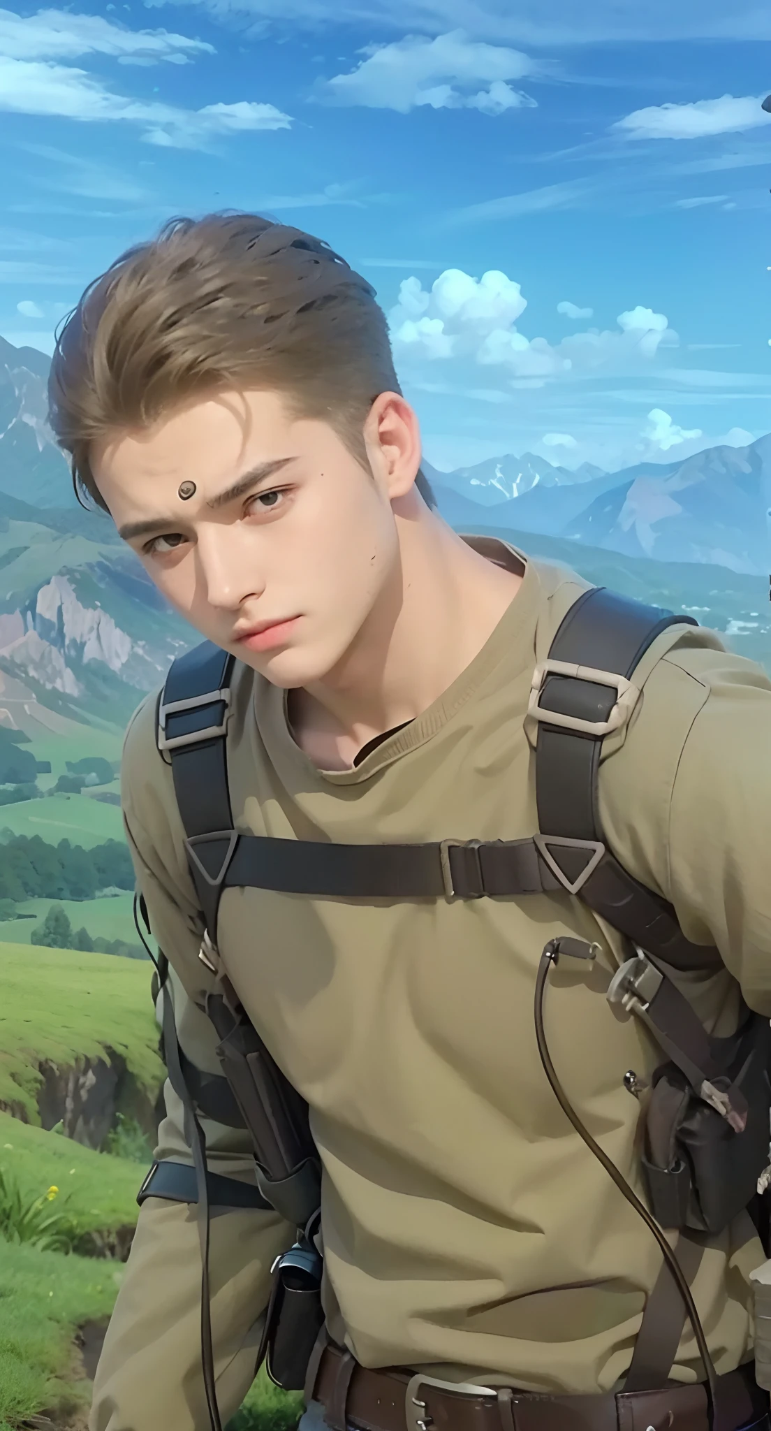 Real life adaption of this character, Handsome face, realistic same hair, (realistic same outfit), realistic same background , realistic light, realistic shadow, realism, hyper realistic,(photorealistic:1.2)