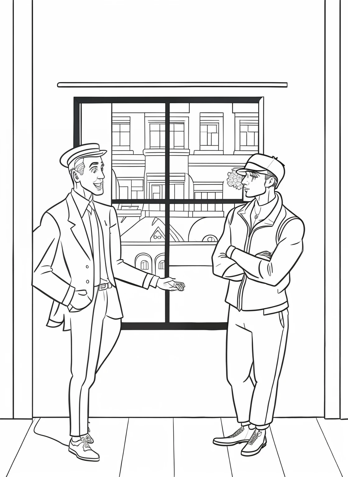 Coloring page of two men talking in front of a window, coloring book page, colouring - in sheet, line art colouring page, full page illustration, Commercial illustration, coloring page, coloring page, full page illustration, stylized linework, coloring page, Coloring book outline, Official illustration, bold lineart, clean coloring book page, tony danza coloring book page
