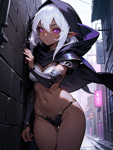 1girl, dark skin, elf, white hair, thief armor, skimpy clothing, hood, suprised look, purple pupils, black sclera, fantasy city, night time, alleyway