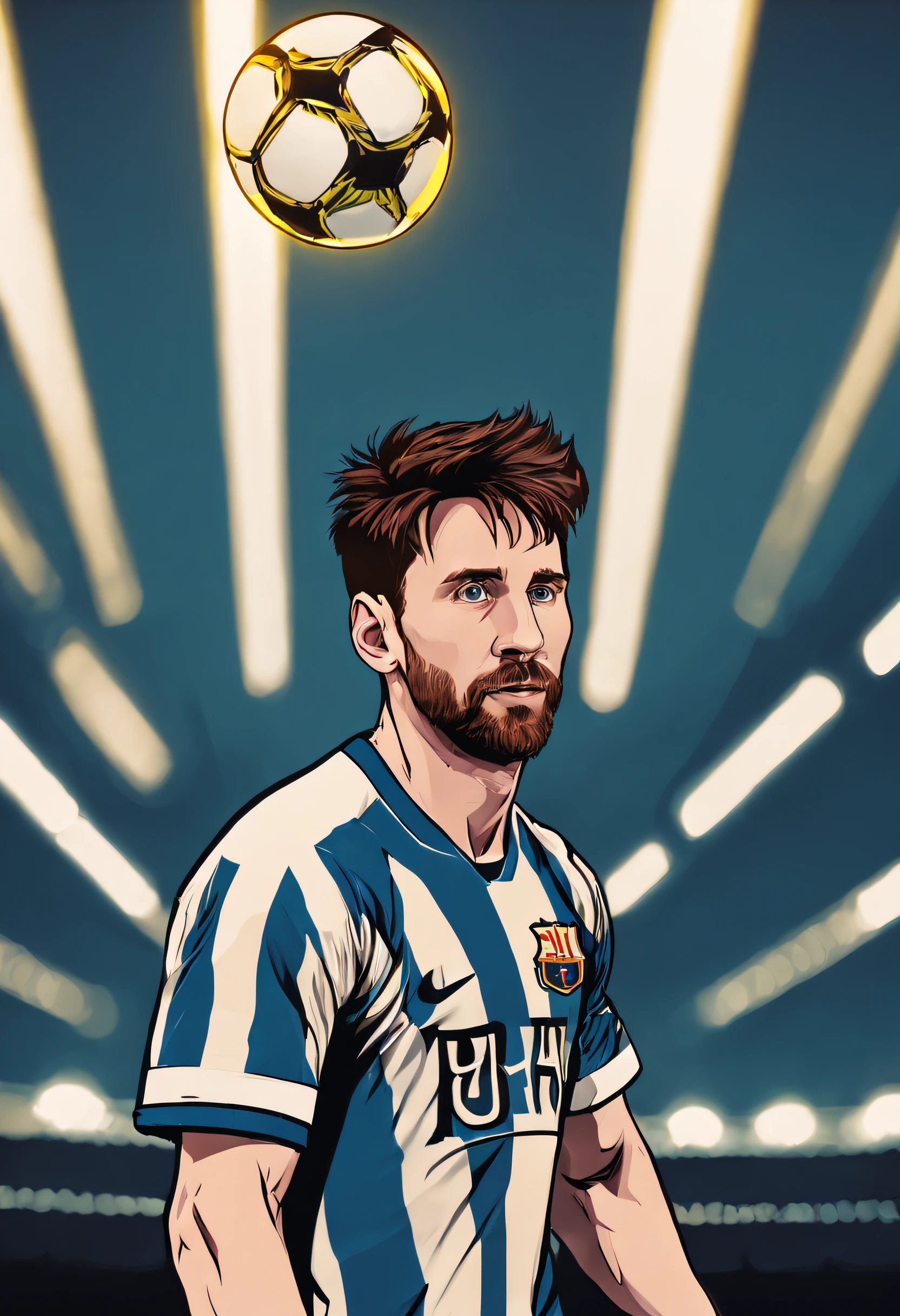 A soccer player is holding a soccer ball over his head, （Football overhead）, （Lionel Messi's overhead football）, Bust of Lionel Messi, American retro style, Modern times, （European and American game styles）, Yellow lights are coming from behind, close-up, cowboy shot, 16k