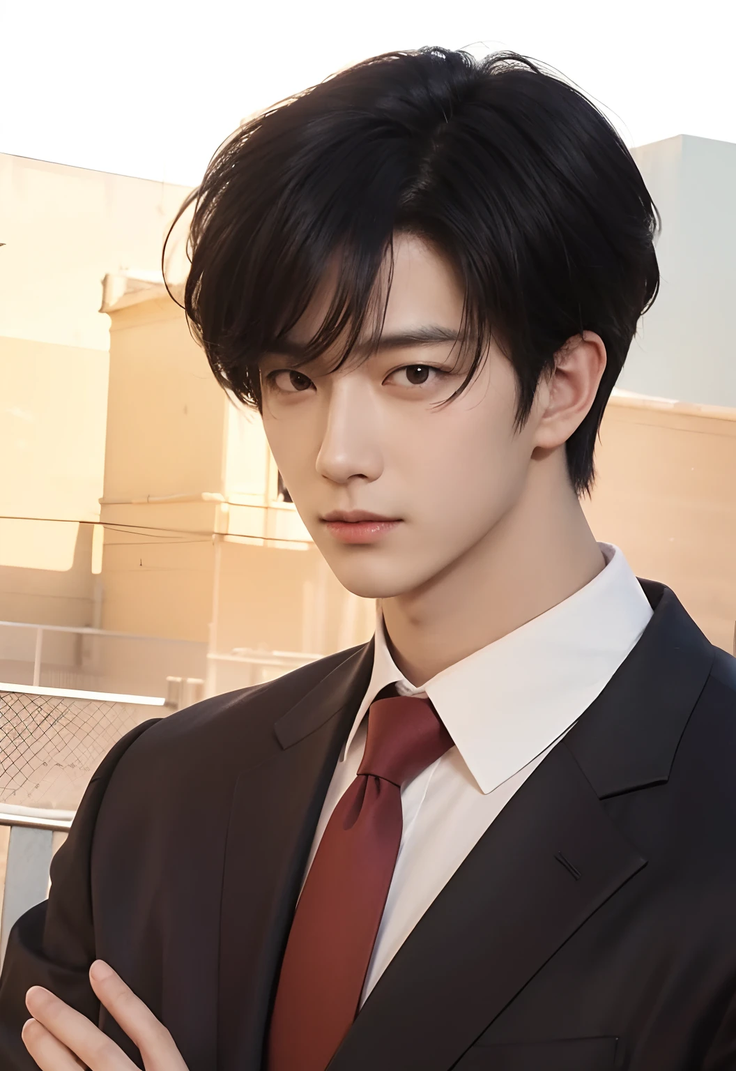 A man with realistic black hair, exactly the same hairstyle, realistic Korean handsome face, realistic cool expression, adapt the exact same clothes, realistic light, realistic shadows, realistic backgrounds
