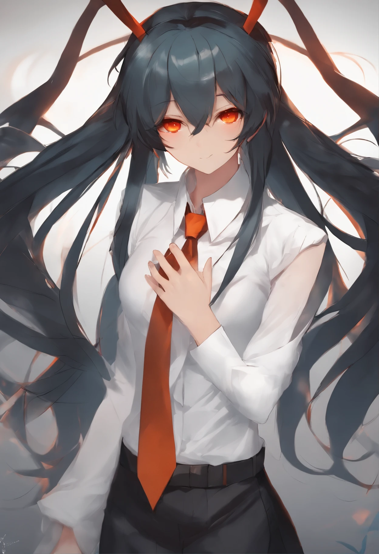 Masterpiece, Hatsune Miku, White shirt, Blue tie, Bare shoulders, separated sleeves, Evil smiley, Dark skin, Red eyes, Black eyes, Pupils orange,