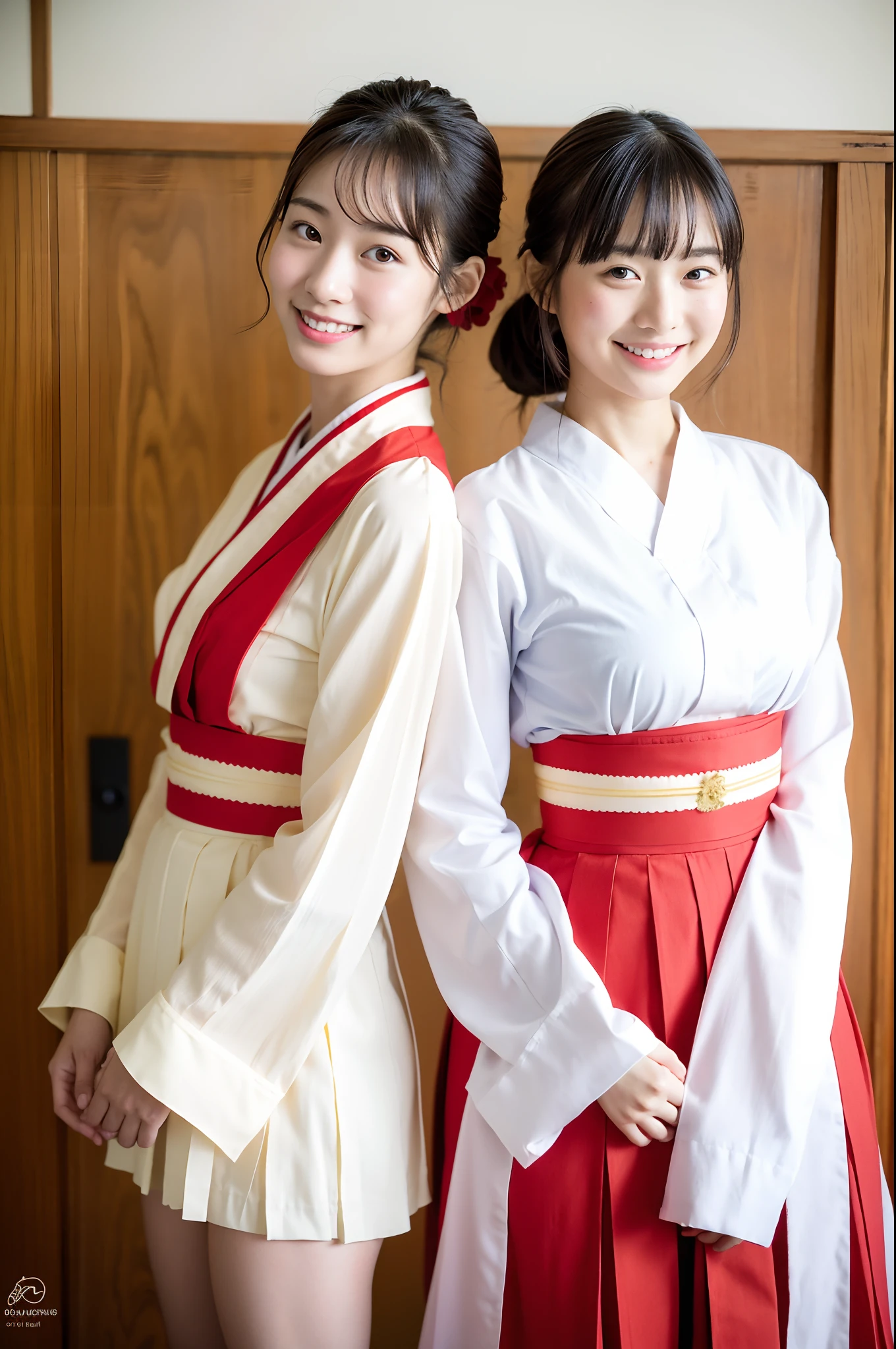 2 girls in old-Japan school classroom,very long sheer sleeved white and red open hakama-top,red flower brooch on hair,obi thong,18-year-old,bangs,a little smiles,knees,low ponytail,from below