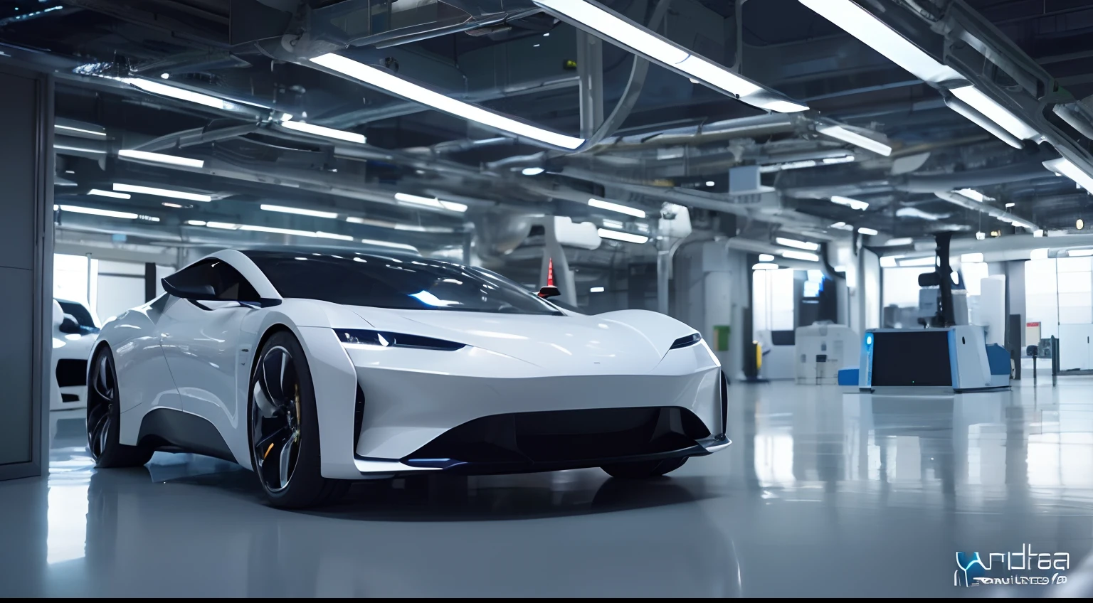 A white car is parked in a bright production hangar , Futuristic car shot, innovative, Prototype car, With smooth lines and powerful, Kamsky Russian electric car, Clear, Smooth, Clean Line Art, very futuristic, The concept of augmented reality, Clear, Smooth Lines, concept car, A futuristic concept car, julia hetta, Futuristic, Cinematic frontal shot, futuristic vehicle