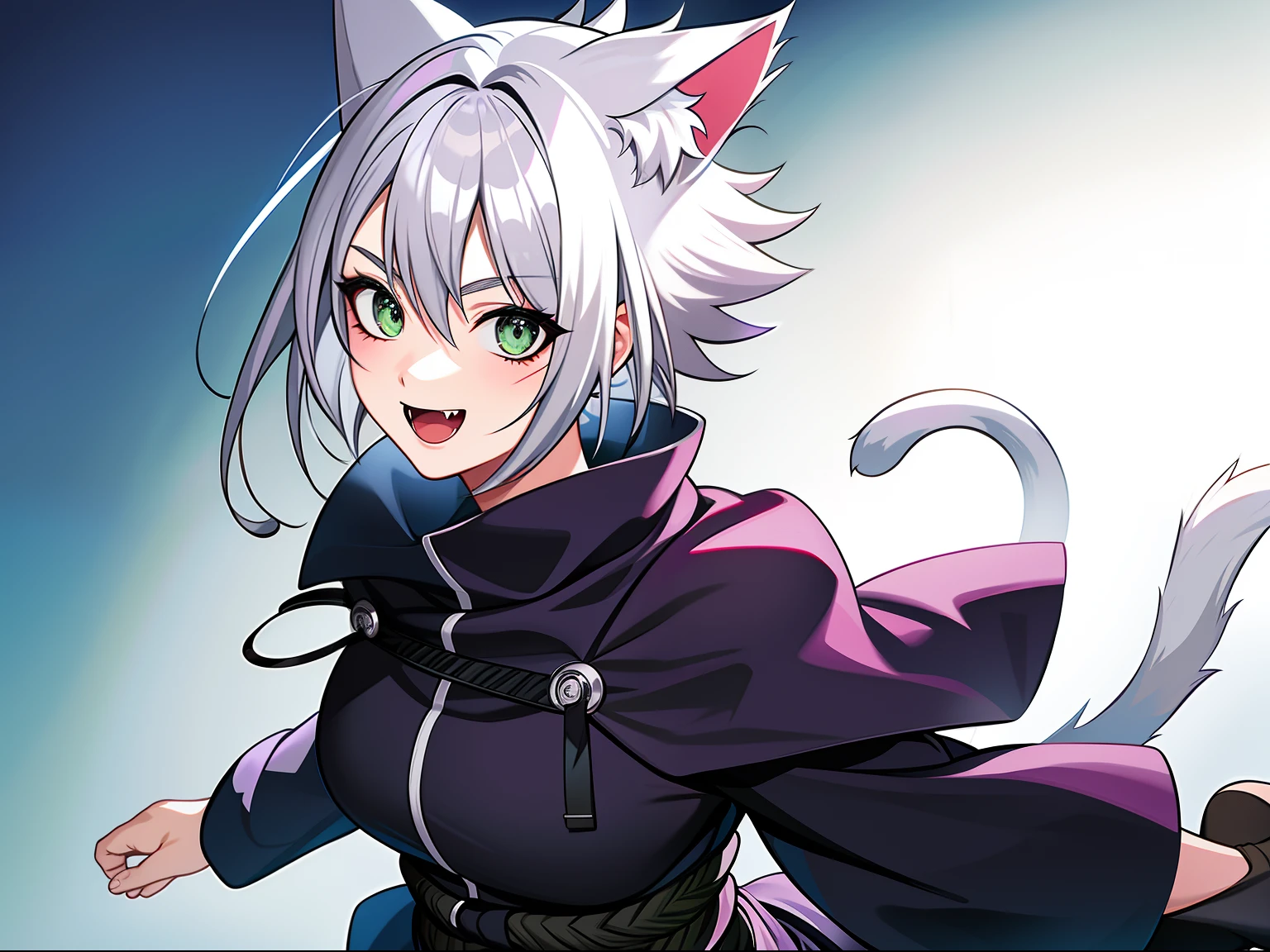 SFW, ultra 4k hd, absurdres, anime, naruto, white hair, lavender hair, gray hair, silver hair, neko, green eyes, ninja, short hair, chubby, medium breasts, messy hair, gray hair, cat ears, catgirl, nekomimi, cat tail, forehead protector, kunoichi, hair between eyes, silver hair, anime style, fullbody, eye scar, fangs, 1girl, naruto shippuden, solo, baggy clothes, alone, forest, village, 1fang, cloak, fishnets, v bangs, bangs, fluffy, dark clothes, purple clothes, clothing design, ninja fashion, light eyes, scar over eye, light green eyes, scars, hood, hood down, hood off, ((best quality:1), (masterpiece:1), (ultra-detailed:1):1.3), cinematic lighting, detailed background, detailed, absurd detail, ahoge, half updo hairstyle, dynamic lighting, (detailed background:1), sidetails, long side locks