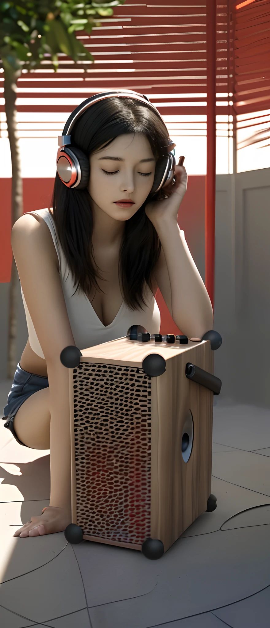 Masterpiece，HD，A red outdoor speaker on the floor，Behind the speaker there is a young beautiful real girl with headphones，Close-up of girl's head，Bust photo，The girl touches the headphones with both hands，Short black hair，The girl is enjoying the music with her eyes closed，Detailed details，Warm light and shadow，Light simple background