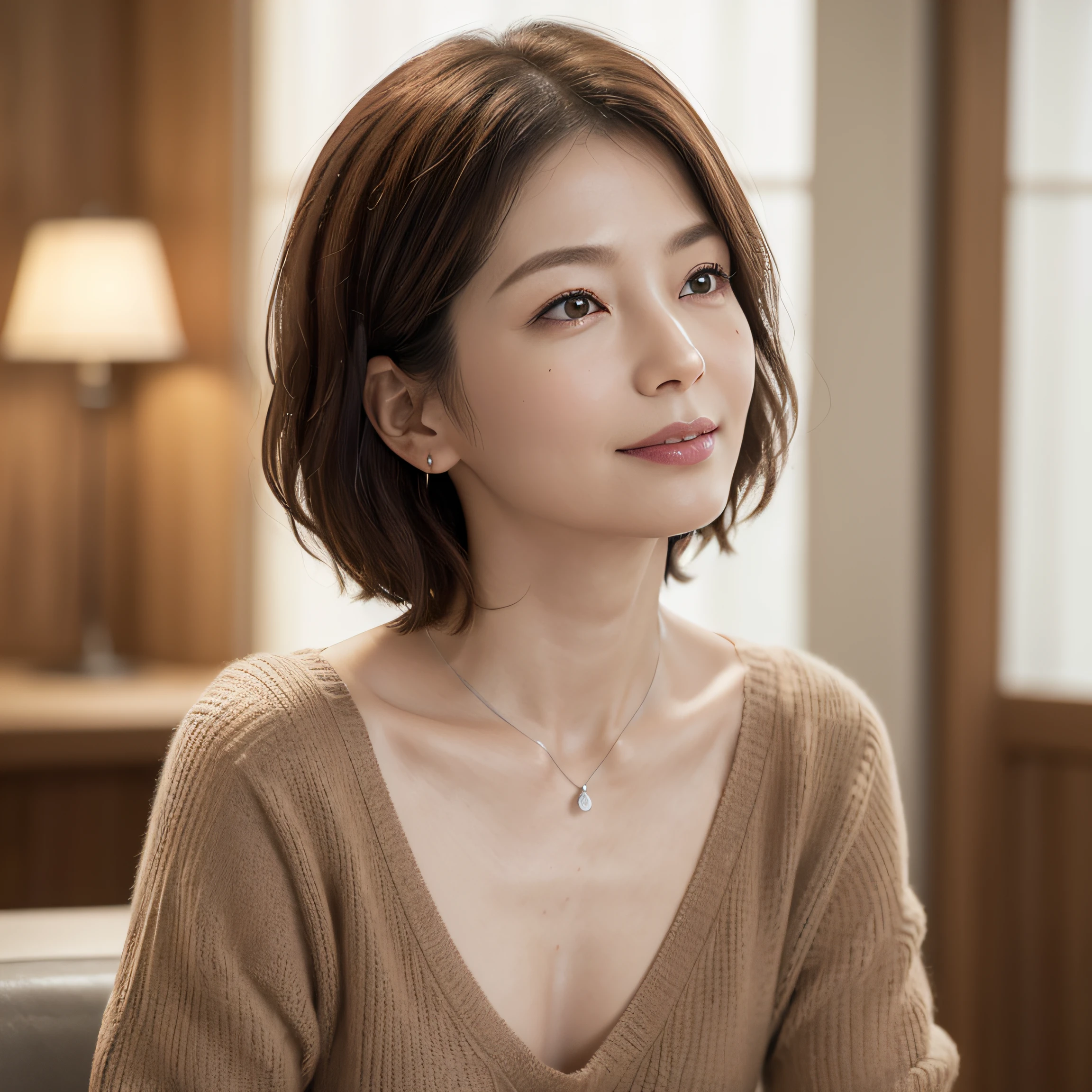 (8K, top-quality, ​masterpiece:1.3, 超A high resolution, A hyper-realistic), High Detail, (Face like the real thing), Photorealsitic, Raw foto, ((one beautiful women)), Detailed face, beautidful eyes, realisticeyes, Eyes in Beautiful Details, (real looking skin), Beautiful skins, enticing, depth of fields, hight resolution, High pixel count, ((Sideways face, Looking away, Don't look your audience in the eye, Don't look at the camera)), fashionable cafe, The background is also in the picture, clear details, sharp photo, Natural color reproduction, Noise Reduction, High fidelity, Small pendant in silver color, A small necklace in silver color, (Wine-colored light knit U-neck shirt, Neat and clean clothing, Clothing that makes it difficult to see the chest, Clothing that makes it difficult to see the chest, Clothes with hidden breasts), small tits, Sexy lips, Ears are visible, a smile, kindly smile, Beautiful skins, enticing, the golden ratio, (Detal Face:1.2), profetional lighting, Lighting the face, best light, japanes, A Japanese Lady, Japan Mature Woman, a matural female, Short Bob Hair, ((sixty years old, Beautiful, Wrinkles on the face, Wrinkles at the corners of the eyes, Nasolabial fold wrinkles, Small wrinkles, Beautiful, Beautiful Aunt, Moderate moles, Small mole on the face))
