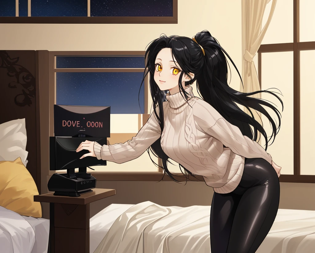 Now, to describe Krystal, shes pretty short, standing at a adorable 5'6, shes got long, waist-length black hair, which she takes good care of, it is decorated with jewels, so it sparkles like the night sky, she does yoga, and had very a well developed body with large curves. She has golden yellow eyes, and her personality was sweet and caring. She could cook, and also knew how to play video games. Could you make her in the style of a anime girl? Shes wearing a sweater and black tight leggings, shes standing by herself in a bedroom