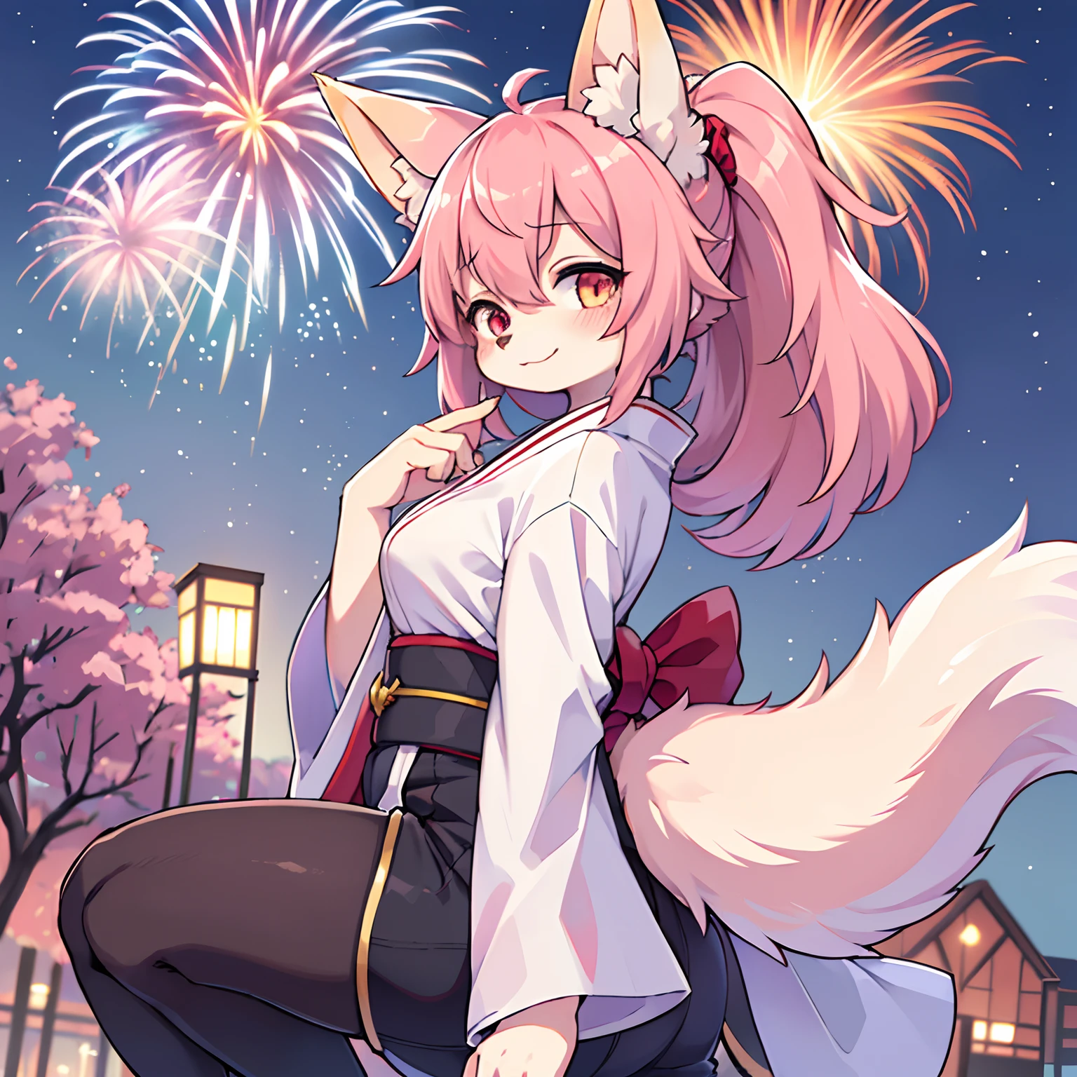 Absurd, furry, Female furry, a girl, Full body, けもの, fox tail(Dark pink tail.), Fox's ears(Dark pink ears.), Skin hair(Dark Pink), long-haired(Hair is straight and fluffy.), (pink hair), Heterochromia(One eye is red, One eye is blue), red face, Big smile mouth, japan, shirt(white kimono), Watch the fireworks, (looking at fireworks), (turned towards the fireworks), not looking at the viewer, (side view), (not interested), Cherry trees, Submit