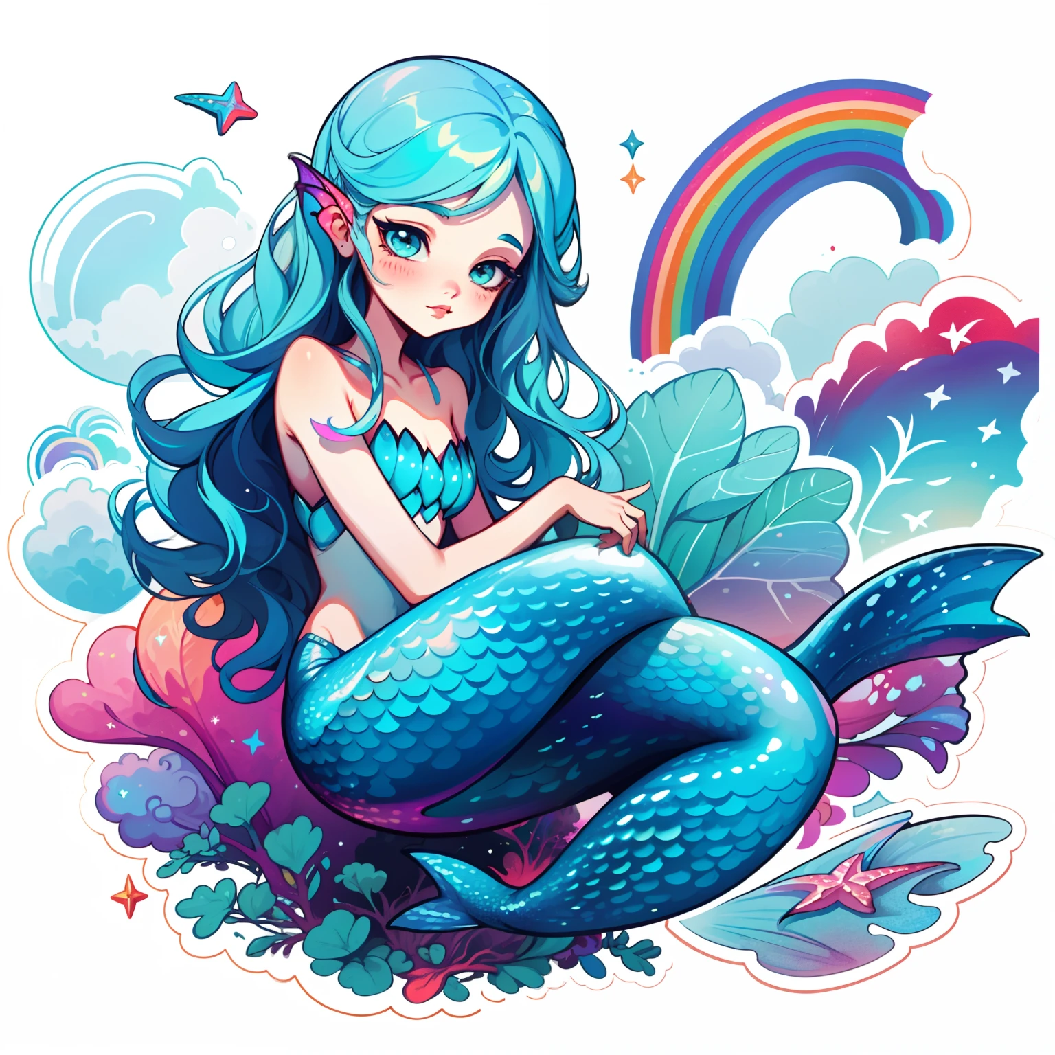 Adhesive,1girll, simple backgound, sportrait, Girl with long hair, Beautiful mermaid girl, Mermaid aesthetics, Beautiful girl, very beautiful fantasy art, Beautiful and elegant female mermaid, beautiful detailed fantasy, Iridescent texture, Rainbow color theme