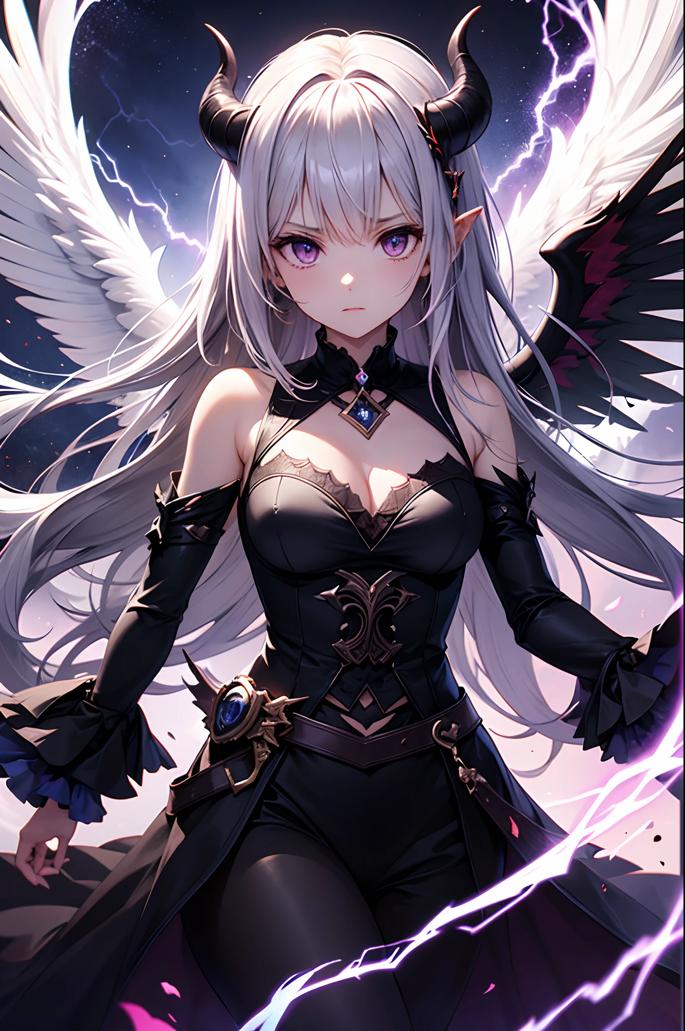 Fallen Angel, Super powerful demon with two demon horns and demon wings on its head,Devil's Tail,Black Bigini, A purple lightning bolt burst into flames.、darkness, In the clouds of darkness