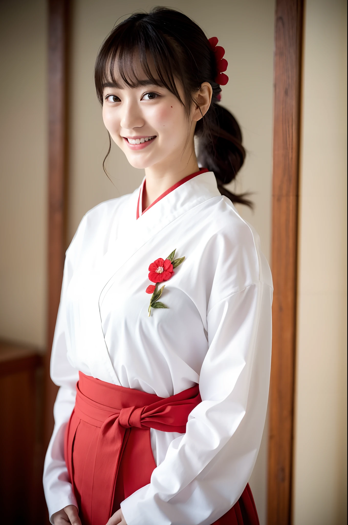 girls in old-Japan school classroom,very long sheer sleeved white and red open hakama,red flower brooch on hair,obi thong,18-year-old,bangs,a little smiles,knees,low ponytail,from below