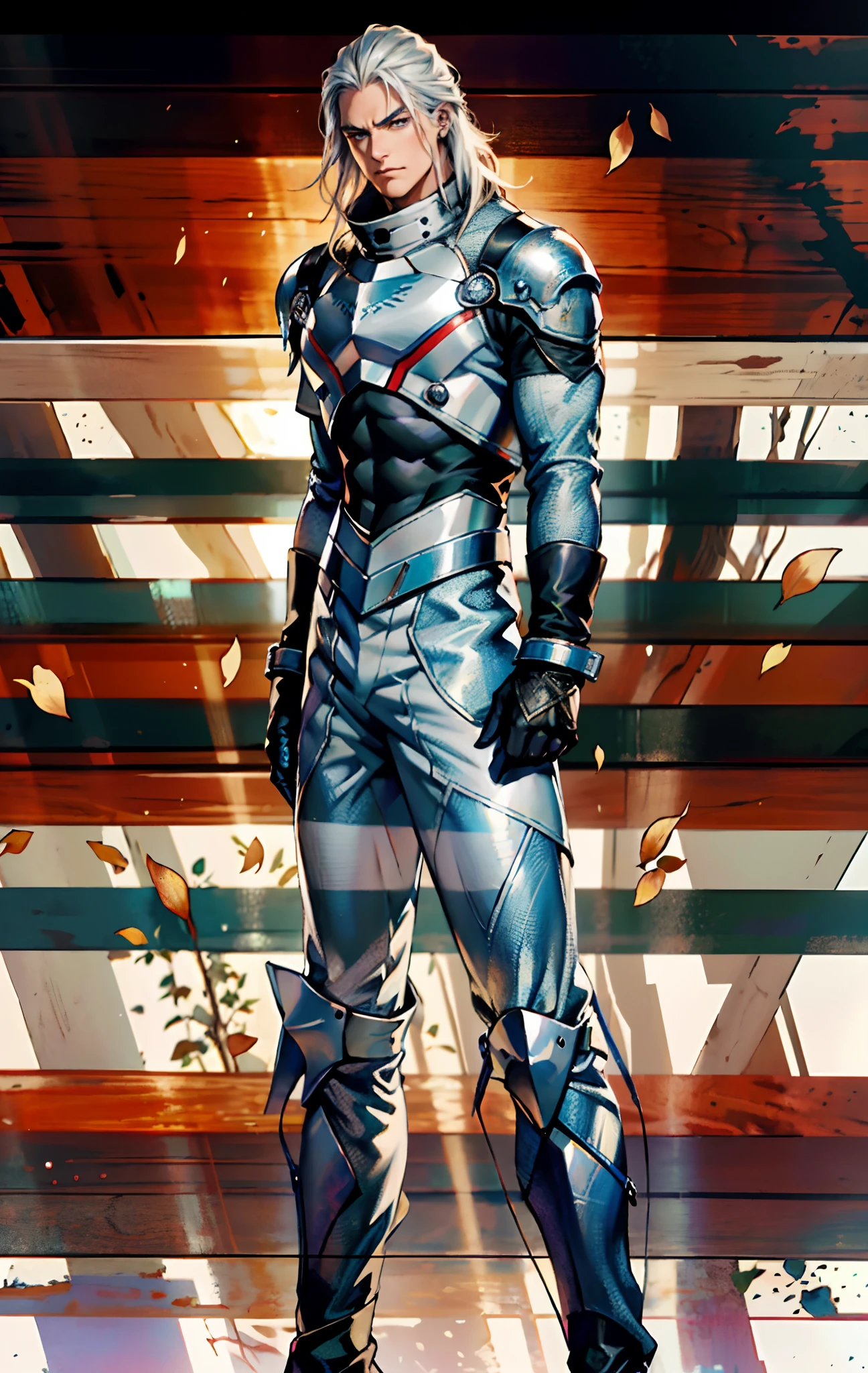 A middle-aged man, long platinum-blond hair, neatly combed hair, a square face, a serious expression, sharp eyes, tall figure, a dark fantasy-realistic style bodysuit, short sleeve, a silver-white chestplate, gloves with metal accessories, three metal blades extending from the gloves, tight-fitting pants that match the bodysuit, silver-white metal shin guards, boots, the background is a mountain forest at night, with falling leaves, this character embodies a finely crafted fantasy-realistic style assassin in anime style, characterized by an exquisite and mature manga illustration art style, high definition, best quality, highres, ultra-detailed, ultra-fine painting, extremely delicate, professional, anatomically correct, symmetrical face, extremely detailed eyes and face, high quality eyes, creativity, RAW photo, UHD, 8k, Natural light, cinematic lighting, masterpiece-anatomy-perfect, masterpiece:1.5