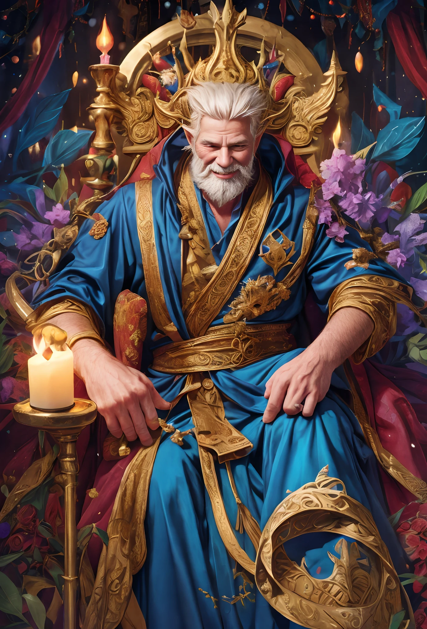 (best quality,realistic:1.37),dressed in a luxurious velvet robe,ornate golden staff,mischievous smile,hint of wisdom in his eyes,aged with grace,long white beard and flowing hair,roguish charm,standing amidst a crowd of mythical creatures,magical aura emanating from his presence,colorful masks and extravagant costumes,floating confetti and vibrant streamers filling the air,flickering candlelight casting a warm glow,enchanted forest backdrop with towering trees and twinkling fairy lights,laughter and merriment echoing through the night,vivid colors and intricate details capturing the enchanting atmosphere,fluid brushstrokes and painterly textures,immersive and immersive artwork that transports the viewer into a whimsical realm of fantasy and celebration.