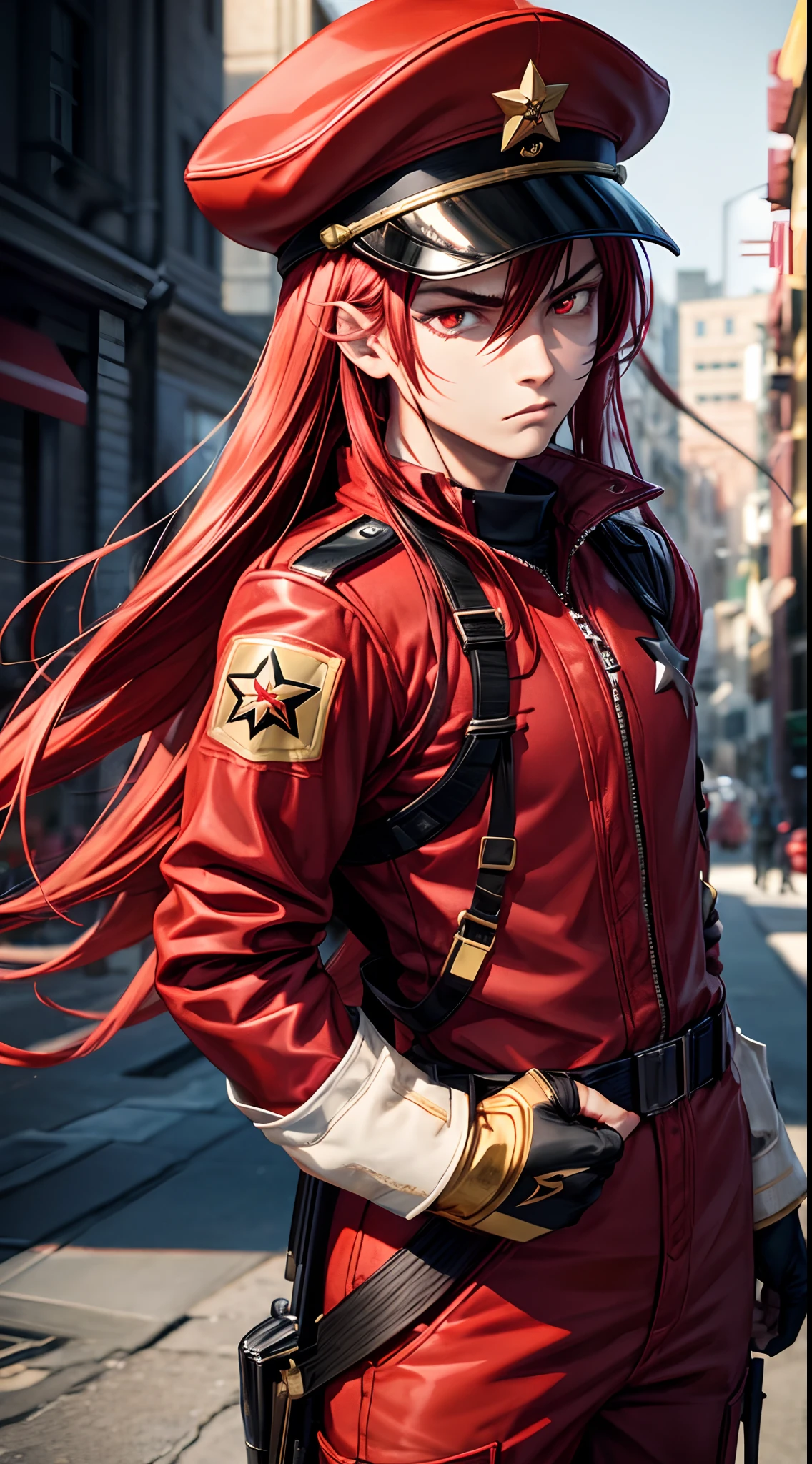 Young Male, Red Long Hair, Black Eye with Red Star pupil, Red Pilot Hat, Vault Jumpsuit, Golden City Theme, Sad Emotion mood, Angry, 3D, Realistic, HDR, HD, Background, RTX, 2K, Masterpiece.