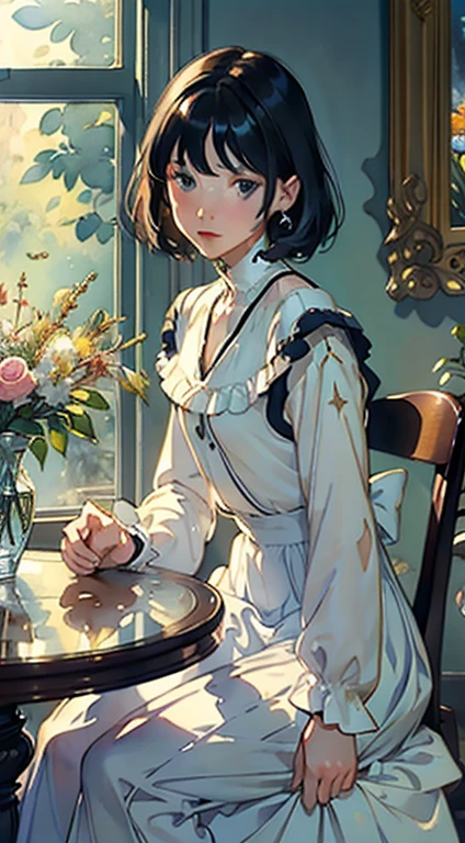 ((Watercolor by singer Sargent))、(top-quality、​masterpiece)、(David Hamilton Style)、(softfocus)、Soft light、1girl in、、A stunning、Short black hair、tiny chest、校服、long  skirt、Botanical Garden、Flower Shop、The table、florals、window、houseplant、 The tree、(nostalgia)、