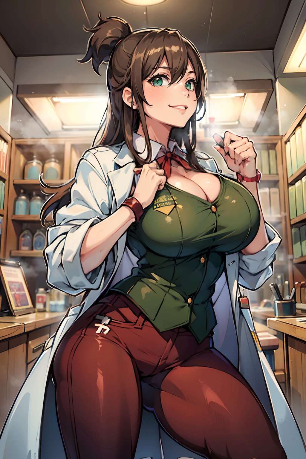 超高分辨率, (Masterpiece, Best quality:1.2), Cowboy shot, Solo, 1girll, Emma Skye, Smile, He wears tinted glasses on his head, Open clothes, labcoat, Sleeves rolled up, green tank top, red neck ribbon, Brown pants, arms  cuffs, thicc, cute sportswear, huge tit, Crazy swollen breasts, Thin waist and thick legs, Fitness model, A smile, Posing in the lab