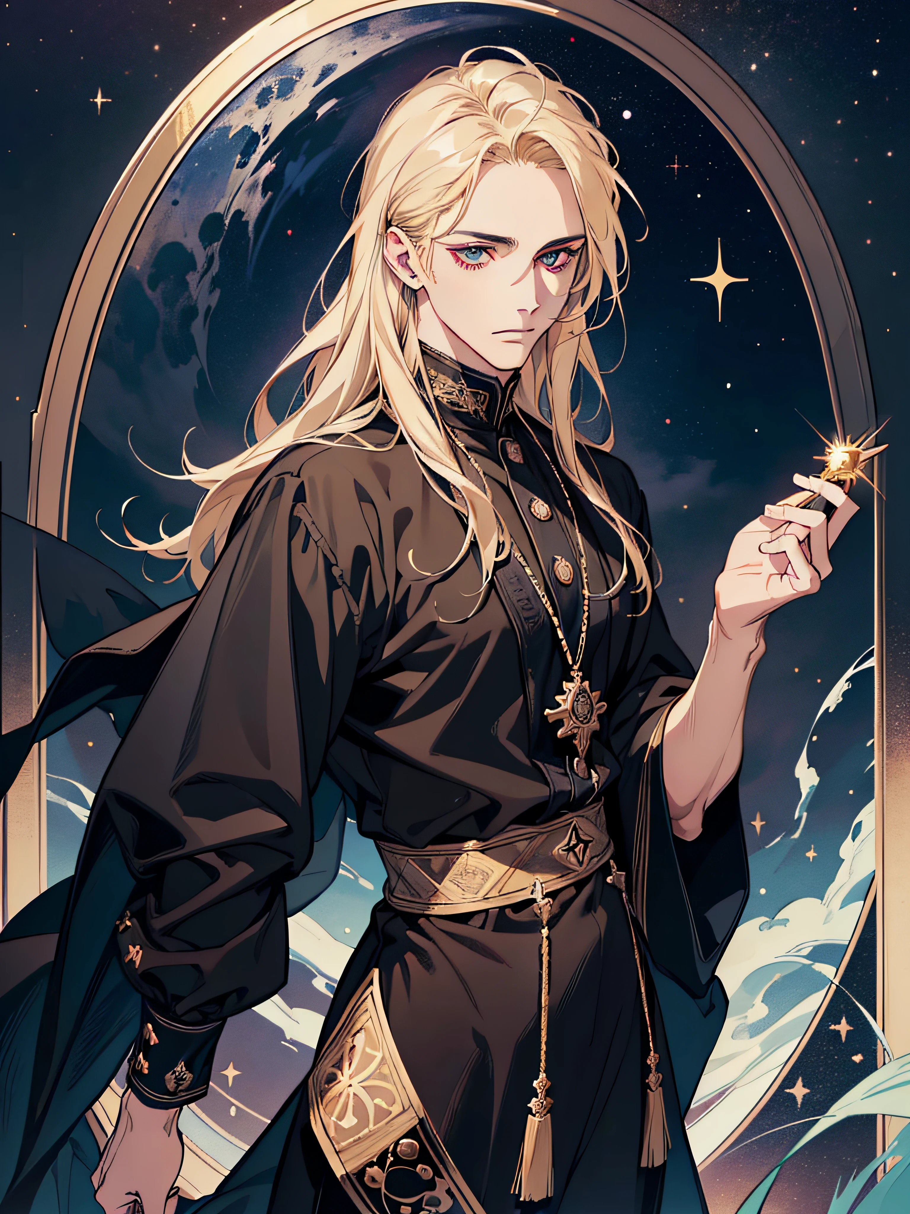 (absurderes, A high resolution, Ultra detailed), 1 male, Adult, Handsome, finely detailed  eyes and detailed face, Night sky, suns \tarot\, Symbolism, visual art, occult, universal, Visual projection, Philosophy, Iconography, Numerology, popularity, Artistic, Long blonde hair,