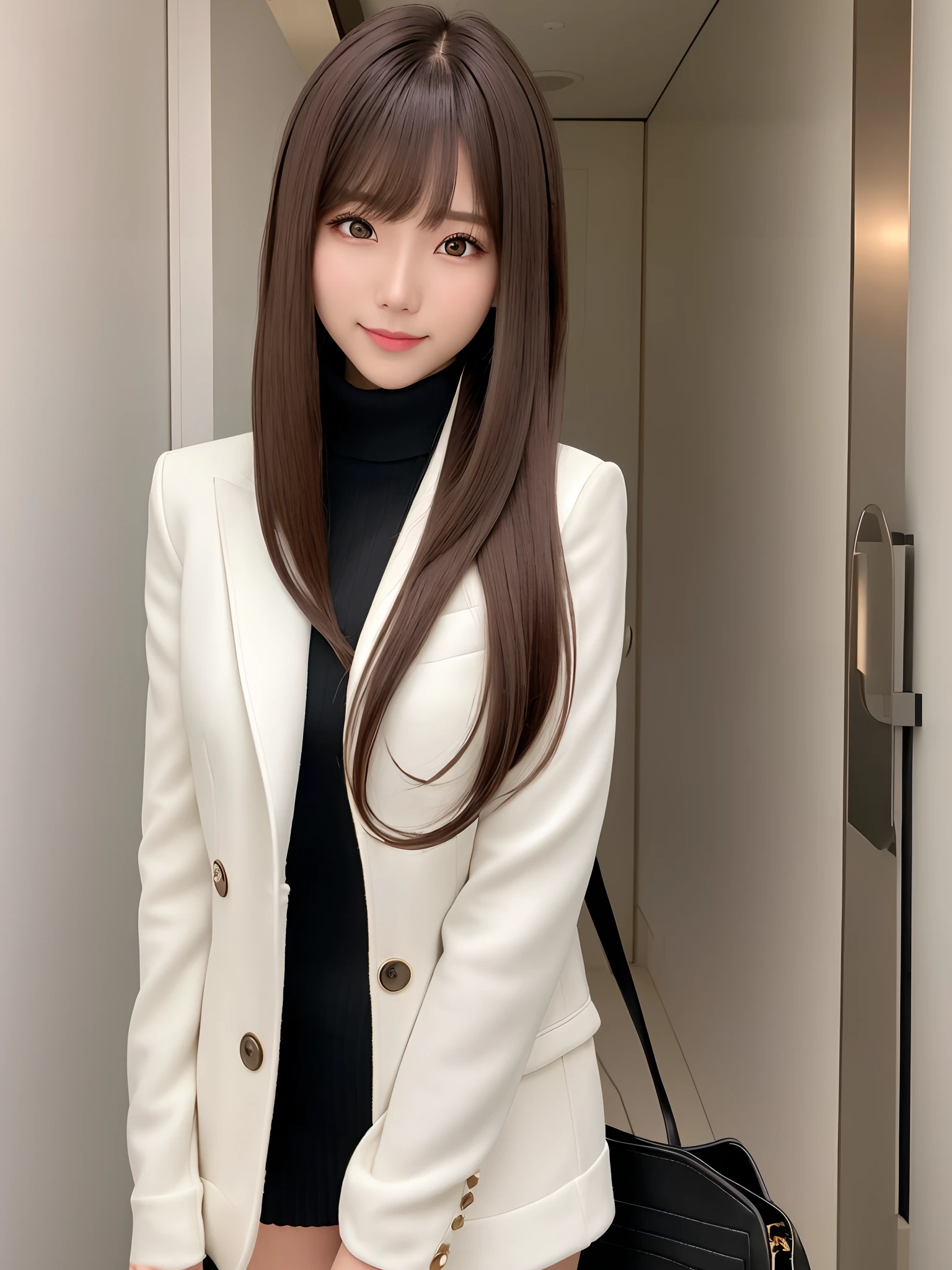 product quality, 1 girl per 1 photo, cowboy shot, front view, a Japanese young pretty girl, long bob hair, standing in front of an entrance of a luxury mansion with a big smile, in the night, white jacket over a black turtleneck sweater, black miniskirt, a tote bag over her shoulder, hyper cute face, glossy lips, double eyelids for both eyes, natural makeup, shiny smooth light brown hair of long bob hair, asymmetrical bangs, high resolution, high detail, detailed hairstyle, detailed face, cinematic lighting, octane rendering, hyper realistic, perfect limbs, perfect anatomy