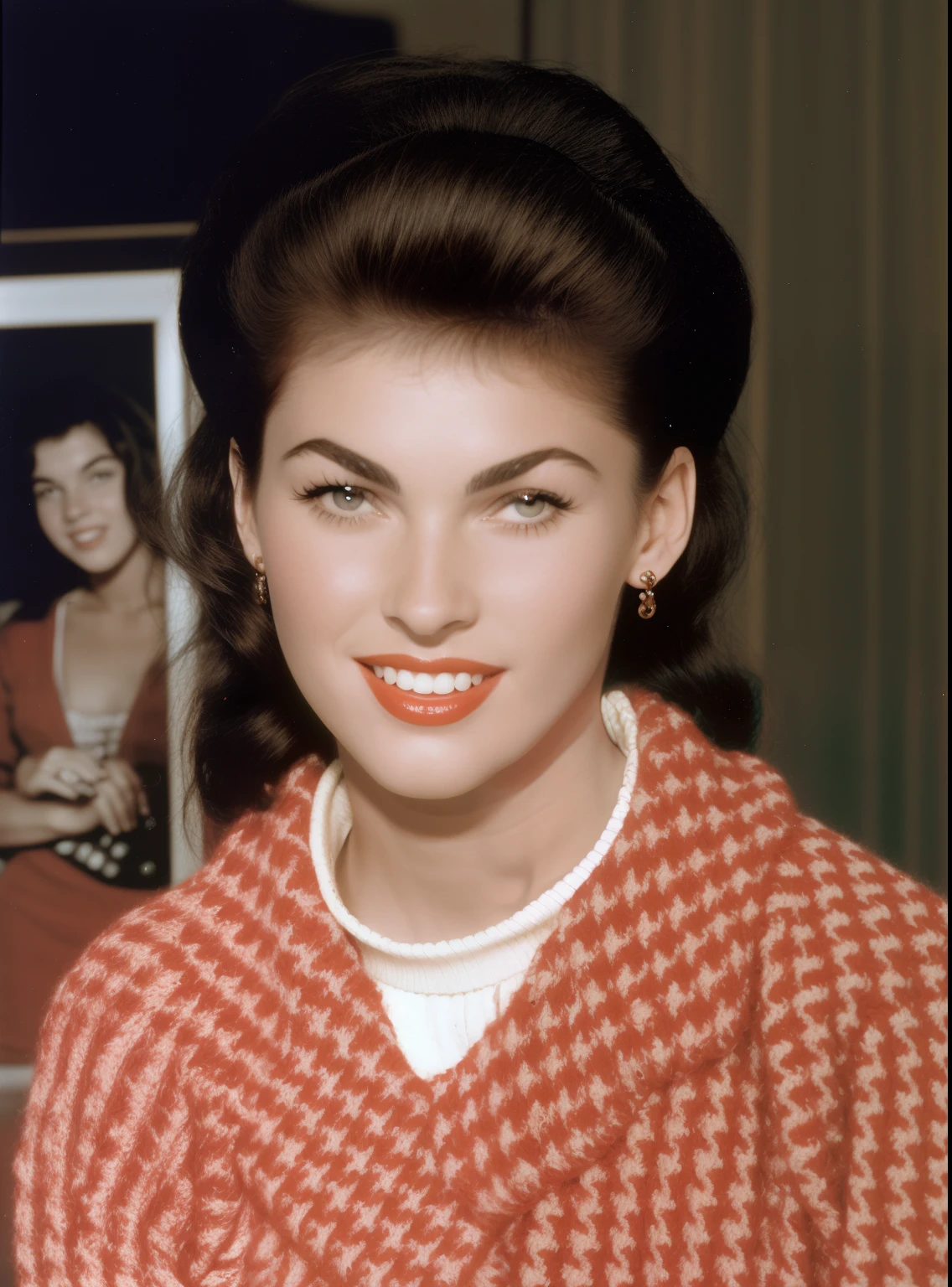 arafed woman in a red and white sweater posing for a picture, barbara hammer, denis velleneuve, beth harmon, in her early 20s, photo 1960, sherilyn fenn 2 2 years old, catalog photo, photographic still, photo of young woman, sherilyn fenn 2 6 years old, nancy grossman