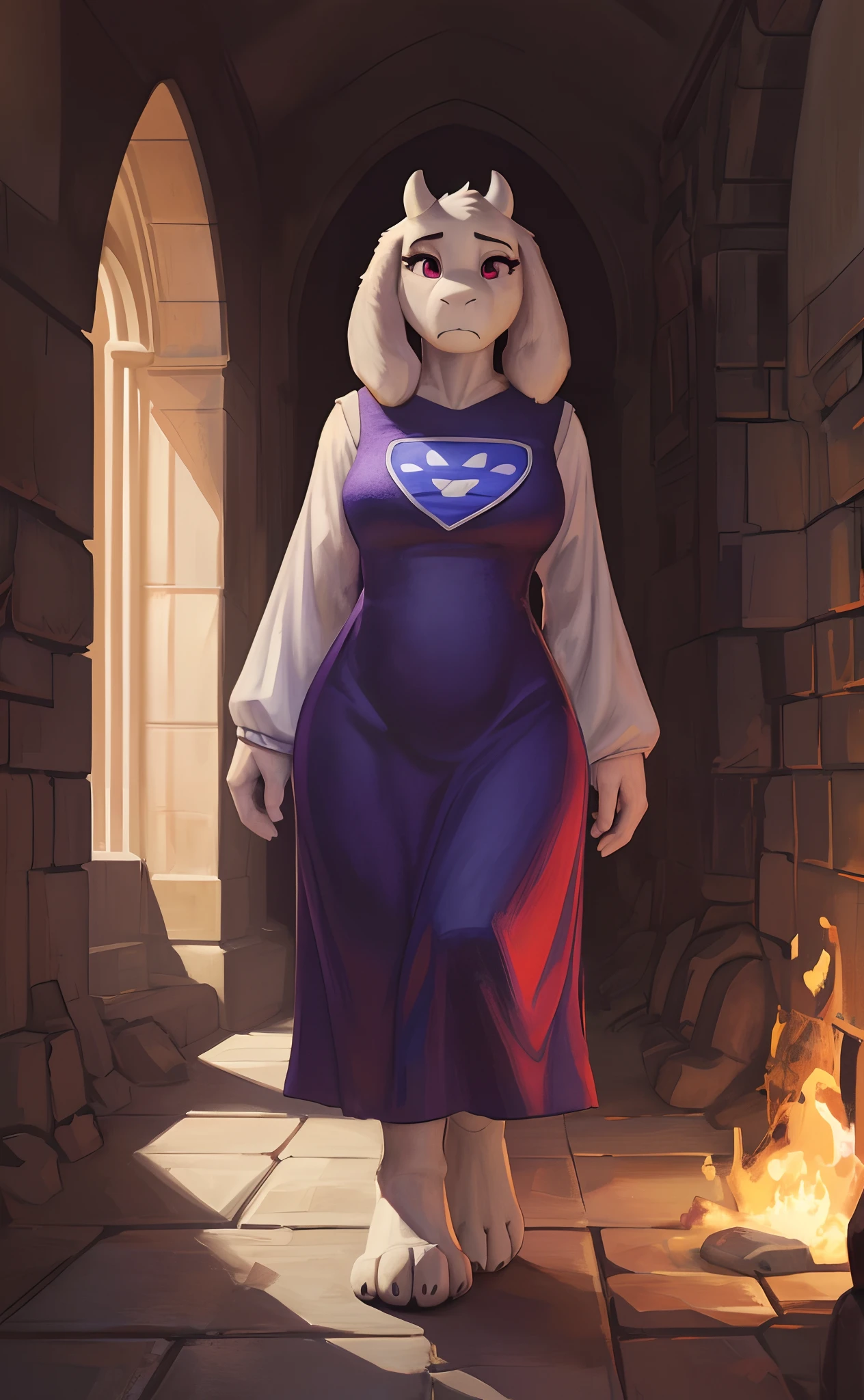 [toriel], [Undertale], [Uploaded to e621.net; (Pixelsketcher), (wamudraws), (woolrool)], ((masterpiece)), ((HD)), ((high quality)), ((solo portrait)), ((front view)), ((feet visible)), ((furry; anthro)), ((detailed fur)), ((detailed shading)), ((beautiful render art)), ((intricate details)), {anthro goat; white fur, white nose, (cute maroon eyes), (black pupils), (short eyelashes), (short goat horn), short fluffy tail, (medium boobs), (gorgeous wide hips), (thick thighs), (beautiful feet), (expressionless), (frown)}, {(long indigo dress), (long white sleeves), (white rune on chest)}, {(walking), (arms at side), (looking at viewer)}, [background; (stone hallway), (flames), (ambient lighting)]