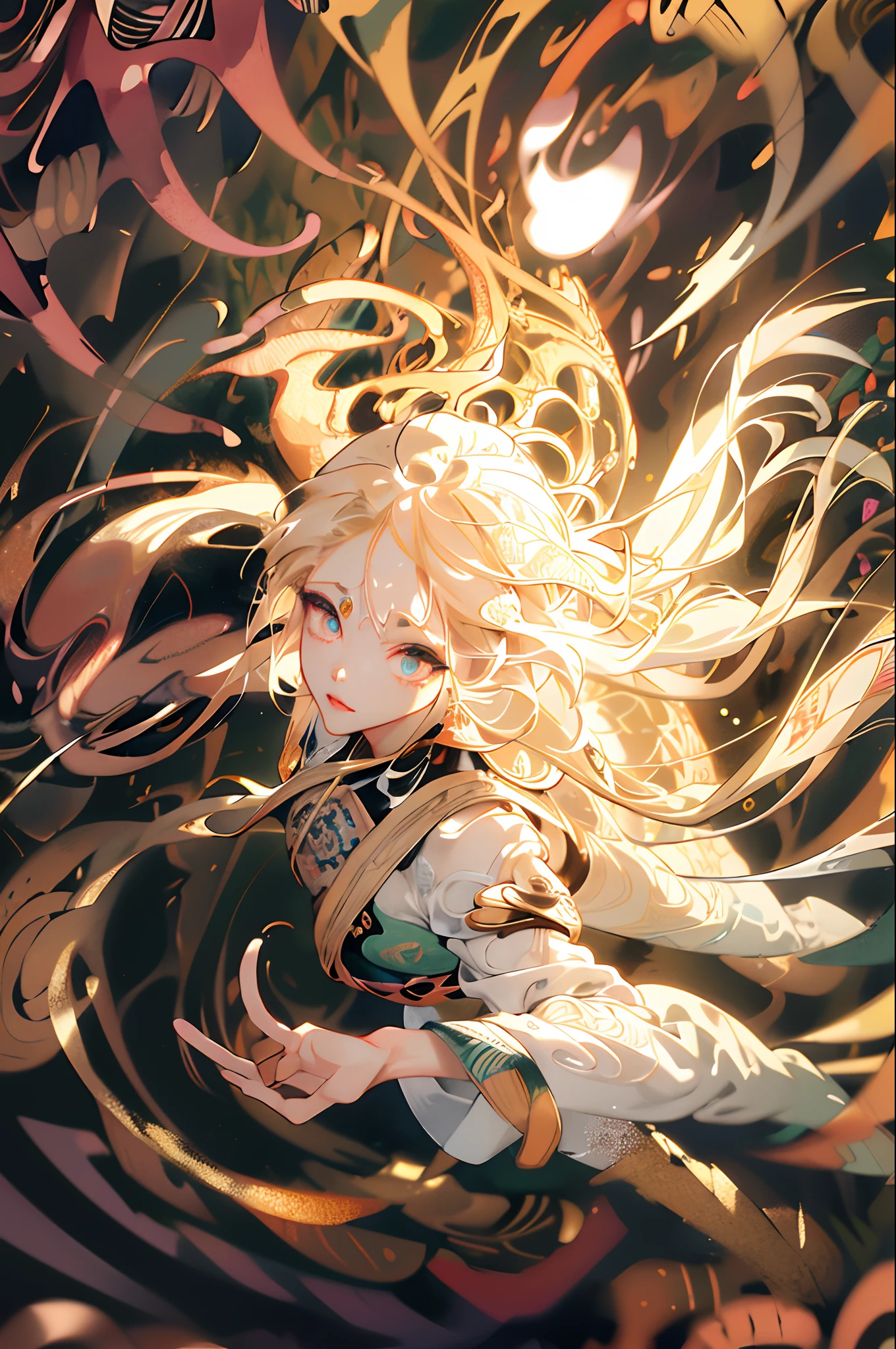 absurdres, highres, ultra detailed, 1girl, solo, extremely detailed eyes, Ultra-precise depiction, Ultra-detailed depiction, (zentangle:1.2), (dynamic pose), (abstract background:1.5), (treditional dress:1.2), short platinum blonde, (shiny skin), many colors, upper body, (from above)