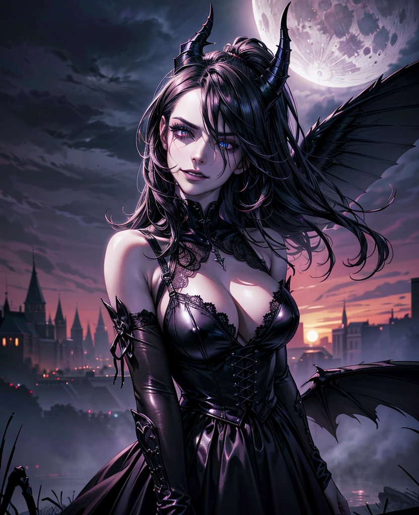 (best quality,4k,8k,highres,masterpiece:1.2),ultra-detailed,(realistic,photorealistic,photo-realistic:1.37),gloomy,dark,fantasy,3D rendering,devilish,women,creepy atmosphere,translucent wings,mesmerizing eyes,demonic makeup,long flowing hair,wisps of smoke,horns,black lace dresses,ominous red and black color scheme,moonlit night,haunting shadows,mysterious aura,sharp contrast,gloomy lighting,dark clouds,gothic architecture,sinister beauty,evil grin,mischievous poses,dramatic composition,atmospheric aesthetics,menacing expressions