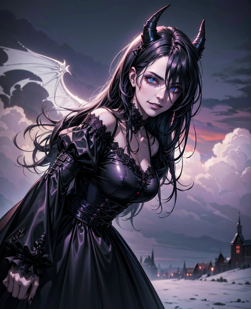 (best quality,4k,8k,highres,masterpiece:1.2),ultra-detailed,(realistic,photorealistic,photo-realistic:1.37),gloomy,dark,fantasy,3D rendering,devilish,women,creepy atmosphere,translucent wings,mesmerizing eyes,demonic makeup,long flowing hair,wisps of smoke,horns,black lace dresses,ominous red and black color scheme,moonlit night,haunting shadows,mysterious aura,sharp contrast,gloomy lighting,dark clouds,gothic architecture,sinister beauty,evil grin,mischievous poses,dramatic composition,atmospheric aesthetics,menacing expressions