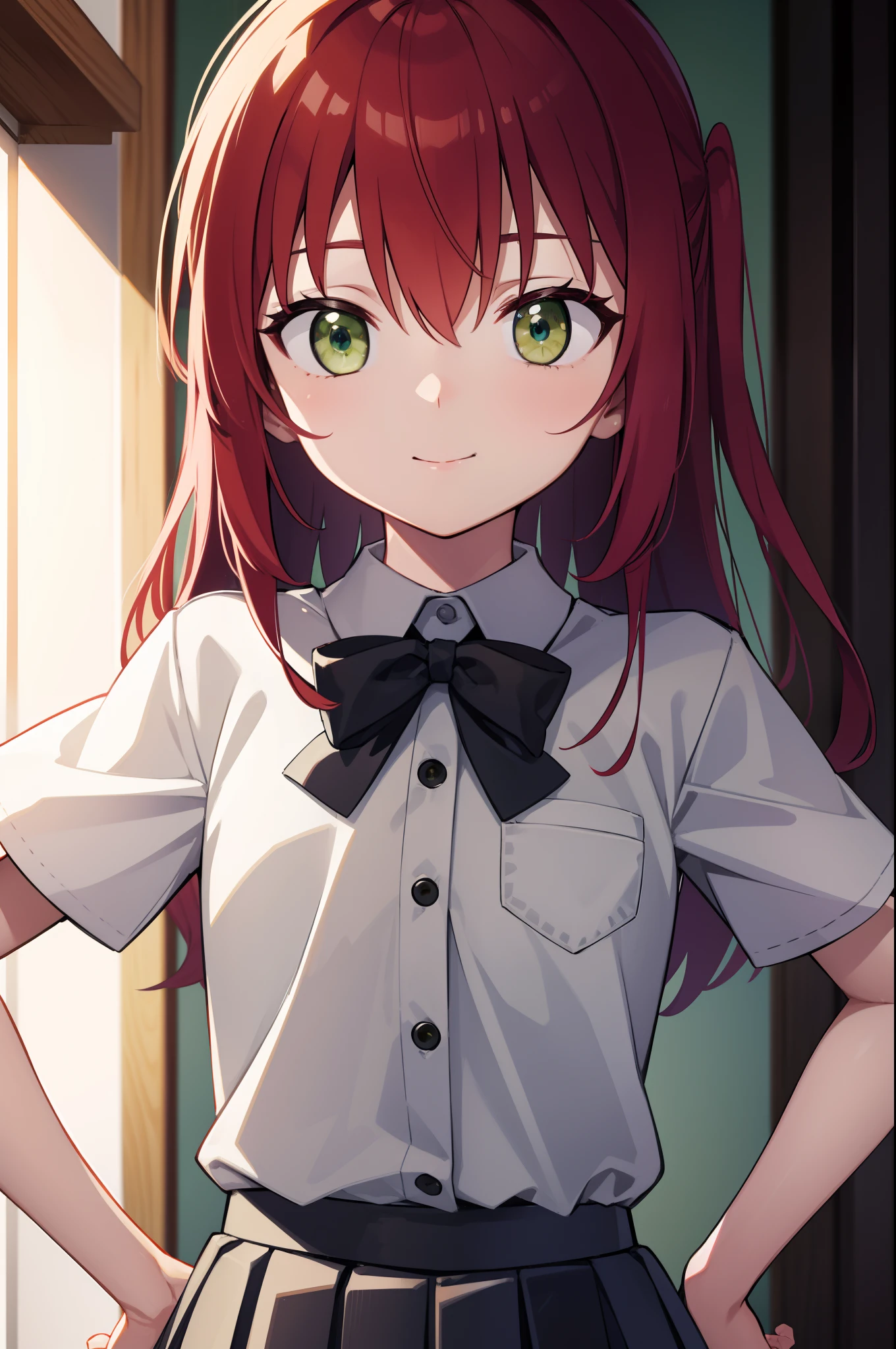 kitaikuyo, ikuyo kita, (green eyes:1.5), hair between eyes, long hair, one side up, red hair, (flat chest:1.2),
BREAK black footwear, black skirt, grey sailor collar, pleated skirt, sailor collar, school uniform, shoes, short sleeves, shuka high school uniform, skirt,,
BREAK looking at viewer,
BREAK indoors, classroom,
BREAK (masterpiece:1.2), best quality, high resolution, unity 8k wallpaper, (illustration:0.8), (beautiful detailed eyes:1.6), extremely detailed face, perfect lighting, extremely detailed CG, (perfect hands, perfect anatomy),up chest.put hands on the hip.big breasts.smile.