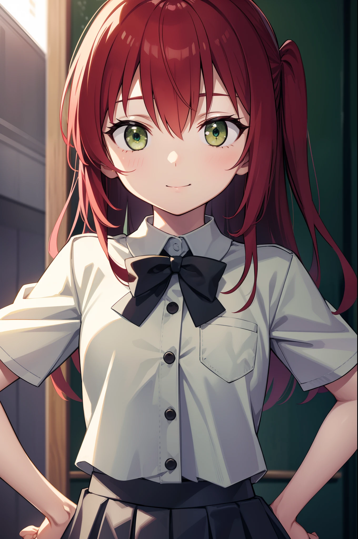 kitaikuyo, ikuyo kita, (green eyes:1.5), hair between eyes, long hair, one side up, red hair, (flat chest:1.2),
BREAK black footwear, black skirt, grey sailor collar, pleated skirt, sailor collar, school uniform, shoes, short sleeves, shuka high school uniform, skirt,,
BREAK looking at viewer,
BREAK indoors, classroom,
BREAK (masterpiece:1.2), best quality, high resolution, unity 8k wallpaper, (illustration:0.8), (beautiful detailed eyes:1.6), extremely detailed face, perfect lighting, extremely detailed CG, (perfect hands, perfect anatomy),up chest.put hands on the hip.big breasts.smile.