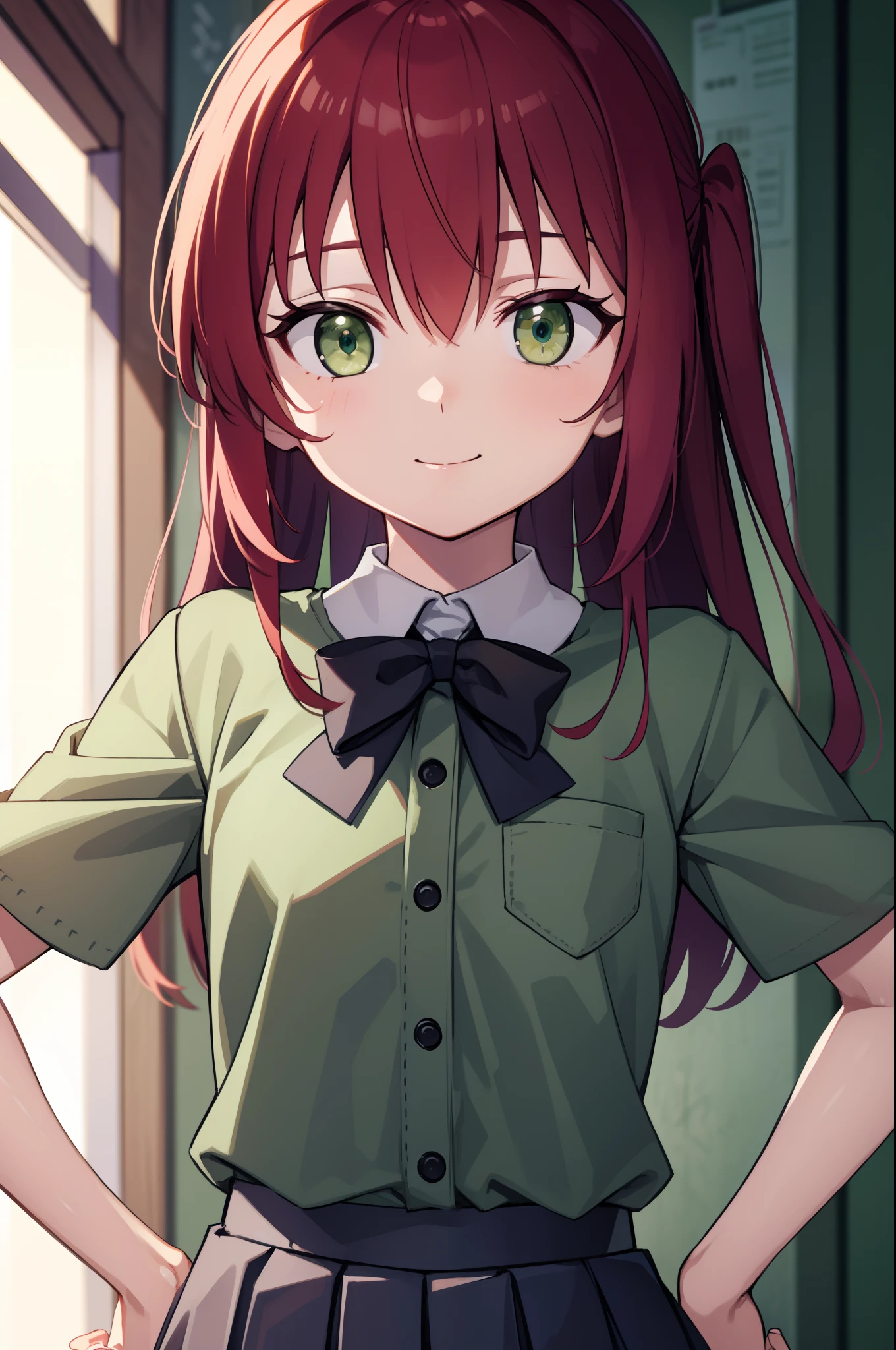 kitaikuyo, ikuyo kita, (green eyes:1.5), hair between eyes, long hair, one side up, red hair, (flat chest:1.2),
BREAK black footwear, black skirt, grey sailor collar, pleated skirt, sailor collar, school uniform, shoes, short sleeves, shuka high school uniform, skirt,,
BREAK looking at viewer,
BREAK indoors, classroom,
BREAK (masterpiece:1.2), best quality, high resolution, unity 8k wallpaper, (illustration:0.8), (beautiful detailed eyes:1.6), extremely detailed face, perfect lighting, extremely detailed CG, (perfect hands, perfect anatomy),up chest.put hands on the hip.big breasts.smile.