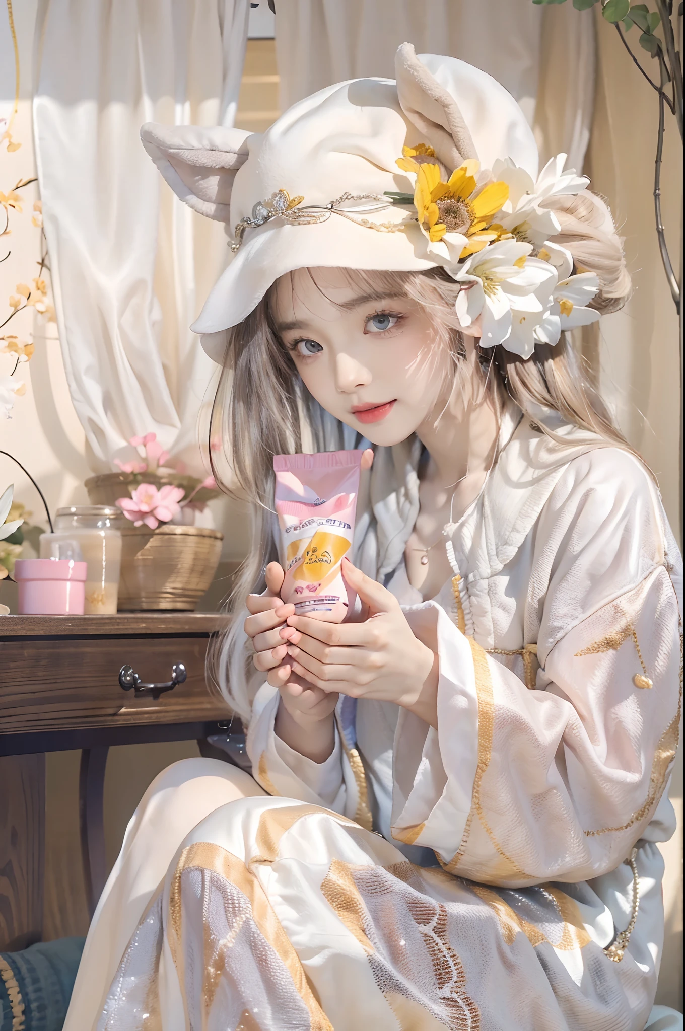 ((top-quality、8K、masterpiece:1.3))、(realisitic、Photorealsitic:1.37)、Beautiful Face Woman、25-years old、long eyeslashes、Colorcon、delicated、Highly detailed eyebrows、(Sharp Eyebrows)、(Thin eyebrows)、very vey very detailed face、Generate images of women in cozy gelato pique loungewear, Immediately after waking up. Sit on a neat and tidy bed、The sun is shining gently. The rooms are softly furnished, Pastel colors that create a calm atmosphere. The woman, With disheveled morning hair, Obsessed with the ritual of applying hand cream. Orange hat and hand cream on white background on bedside table,Or、Morning light casting shadows on the room, etc.、Capture the subtle details of your surroundings. Emphasize the tranquility of the moment, So that you can feel the comfort of the soft fabric and the comfort of the hand cream.((Rub your hands together:1.3))