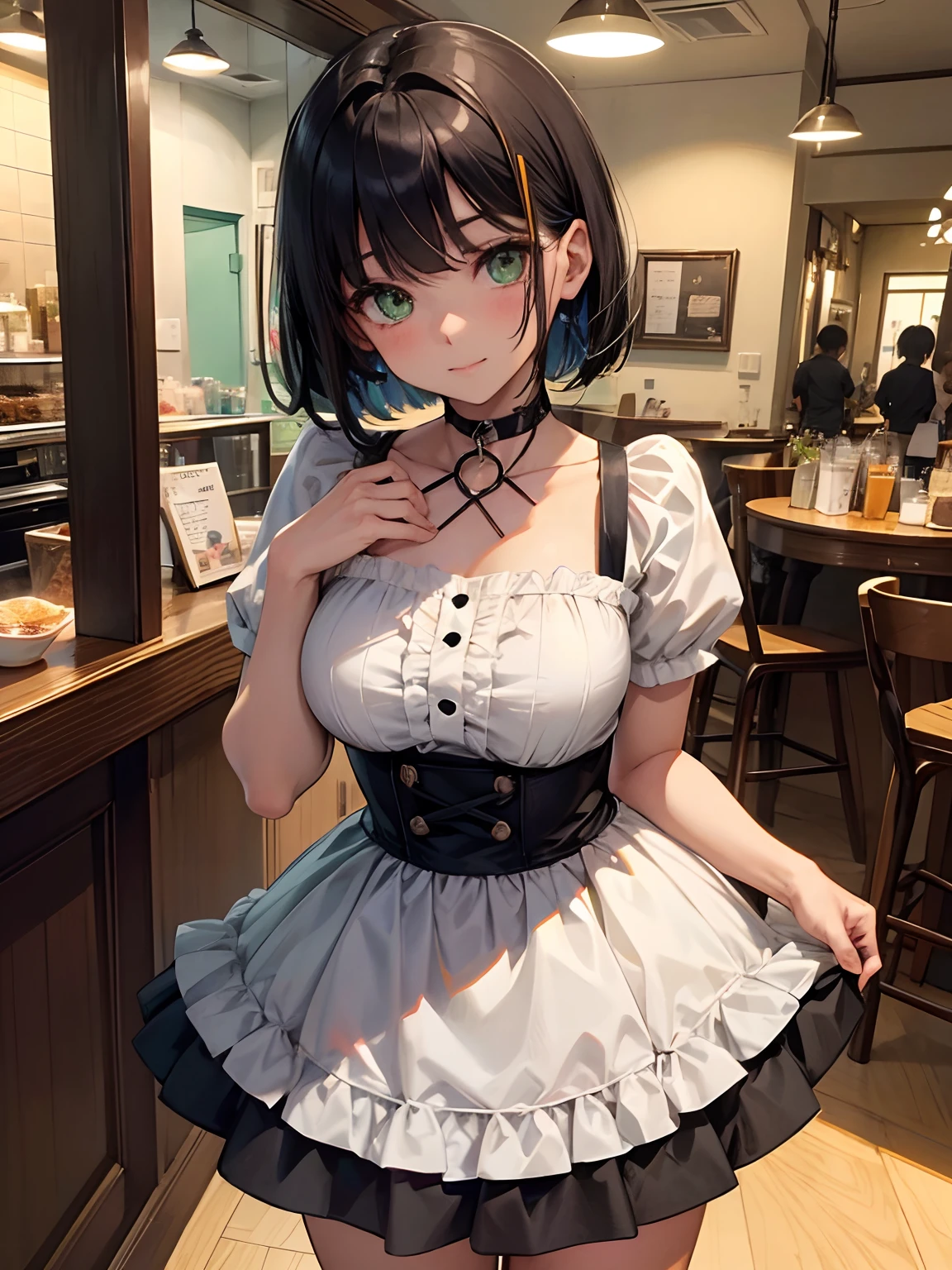 high-level image quality、Pattsun bangs、Black hair short bob、Kawaii Girl、Green eyes、Choker around the neck、Cafe clerk costume、waitresses、Dark Tone、A slight smil, Vibrant colors、The upper part of the body, Delicate drawing、