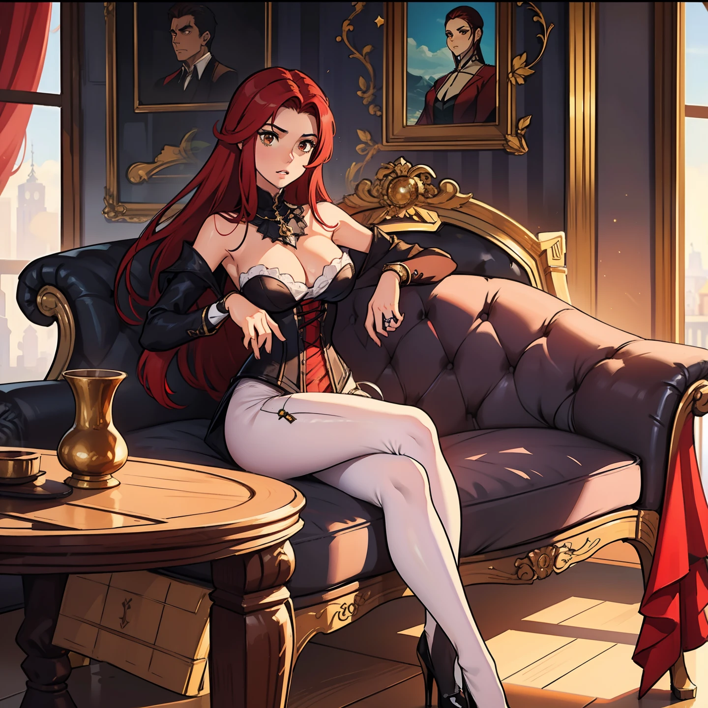 Erza Scarlet is one of the main characters in the series. The young woman with scarlet hair and brown eyes is described as an amazing woman, very strict and who does not admit when others make mistakes. She's a slender, Figura elegante com curvas bem desenhadas. Her most common attire consists of a corset with custom-made laces, a pair of black pants, Botas pretas e brincos em forma de diamante, in high resolution, circunstanciado ((melhor qualidade))