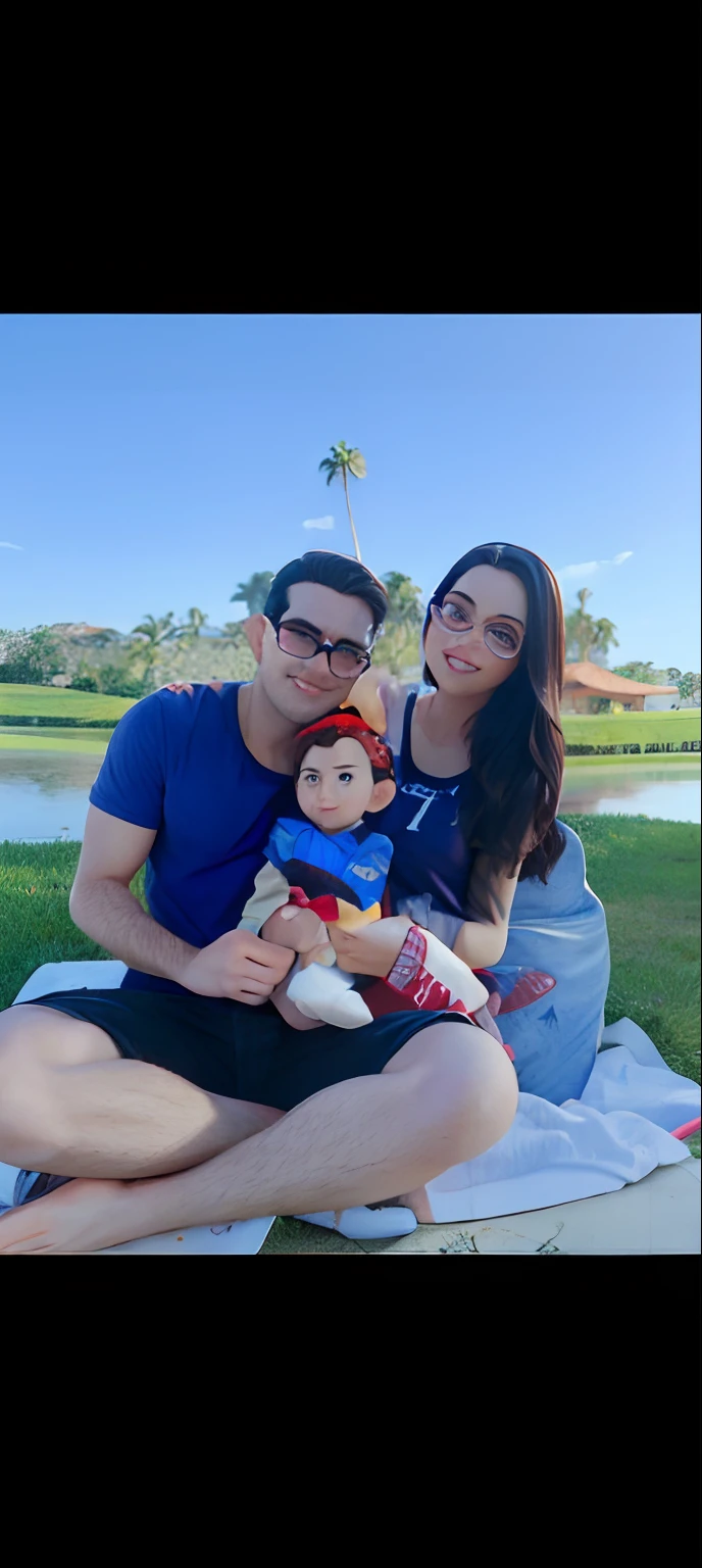 Um homem, usa oculos, camisa do flamengo, com sua filha de 11 meses no colo e sua esposa ao lado. Logo Disney pixar Lara Nunes