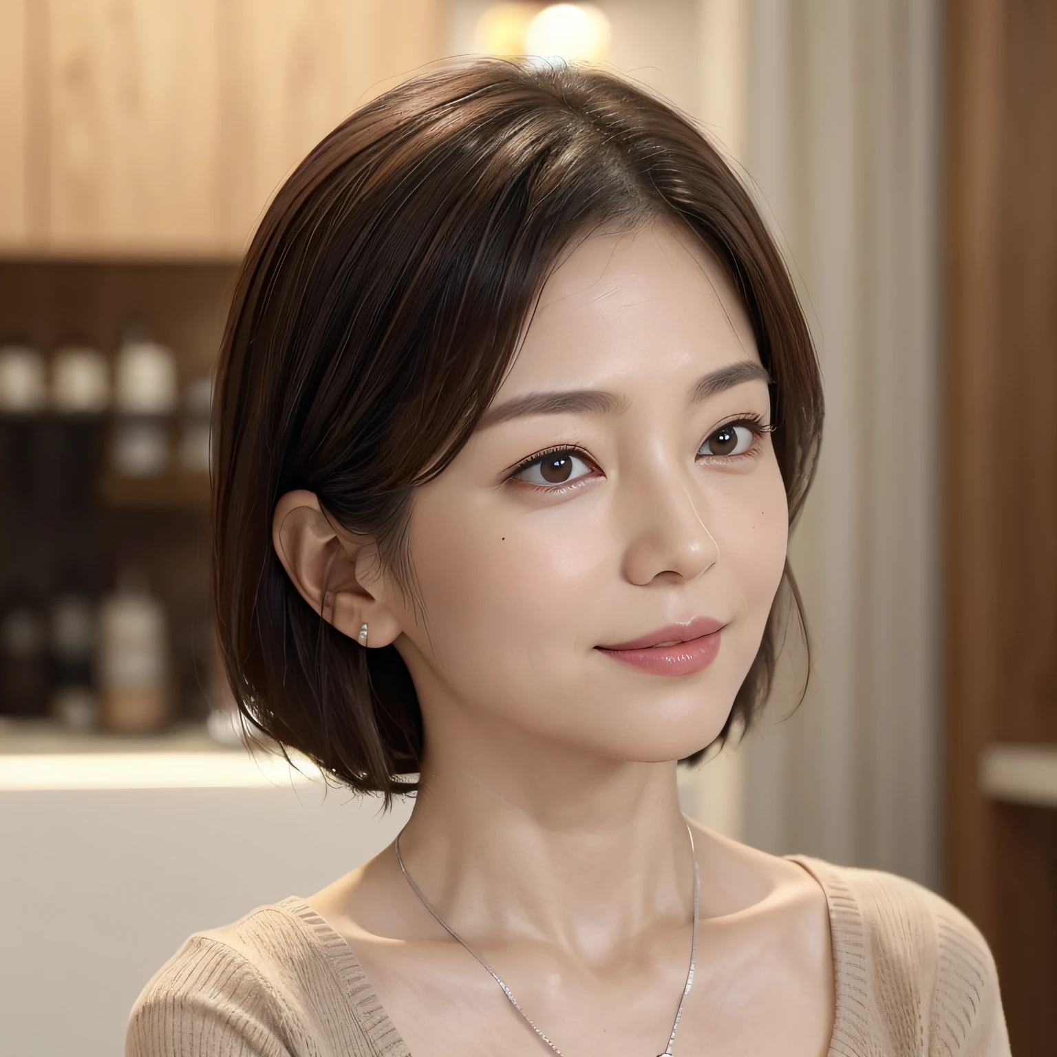 (8K, top-quality, masterpiece:1.3, 超A high resolution, A hyper-realistic), High Detail, (Face like the real thing), Photorealsitic, Raw foto, ((one beautiful women)), Detailed face, beautidful eyes, realisticeyes, Eyes in Beautiful Details, (real looking skin), Beautiful skins, enticing, depth of fields, hight resolution, High pixel count, ((Sideways face, Looking away, Don't look your audience in the eye, Don't look at the camera)), fashionable cafe, The background is also in the picture, clear details, sharp photo, Natural color reproduction, Noise Reduction, High fidelity, Small pendant in silver color, A small necklace in silver color, (Wine-colored light knit U-neck shirt, Neat and clean clothing, Clothing that makes it difficult to see the chest, Clothing that makes it difficult to see the chest, Clothes with hidden breasts), small tits, Sexy lips, Ears are visible, a smile, kindly smile, Beautiful skins, enticing, the golden ratio, (Detal Face:1.2), profetional lighting, Lighting the face, best light, japanes, A Japanese Lady, Japan Mature Woman, a matural female, Short Bob Hair, ((sixty years old, Beautiful, Wrinkles on the face, Wrinkles at the corners of the eyes, Nasolabial fold wrinkles, Small wrinkles, Beautiful, Beautiful Aunt, Moderate moles, Small mole on the face))