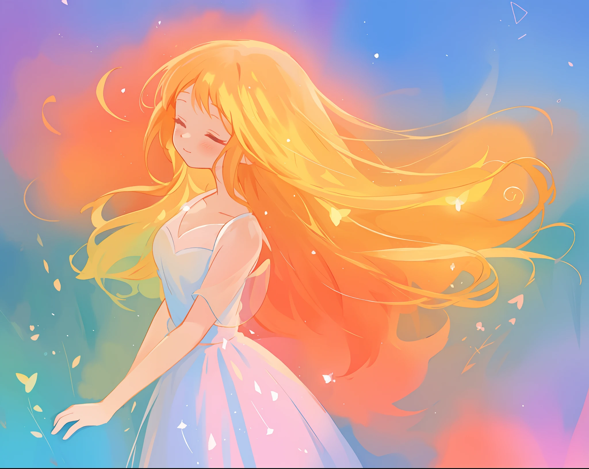 beautiful girl in flowing multi-layered dress, fairy dress, long golden hair, watercolor illustration, inspired by Glen Keane, inspired by Lois van Baarle, disney art style, by Lois van Baarle, glowing aura around her, by Glen Keane, jen bartel, glowing lights! digital painting, flowing glowing hair, glowing flowing hair, beautiful digital illustration, fantasia otherworldly landscape plants flowers, beautiful, masterpiece, best quality, anime disney style
