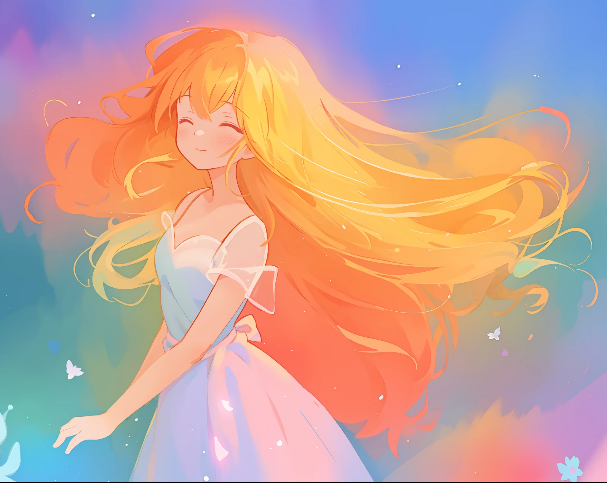 beautiful girl in flowing multi-layered dress, fairy dress, long golden hair, watercolor illustration, inspired by Glen Keane, inspired by Lois van Baarle, disney art style, by Lois van Baarle, glowing aura around her, by Glen Keane, jen bartel, glowing lights! digital painting, flowing glowing hair, glowing flowing hair, beautiful digital illustration, fantasia otherworldly landscape plants flowers, beautiful, masterpiece, best quality, anime disney style