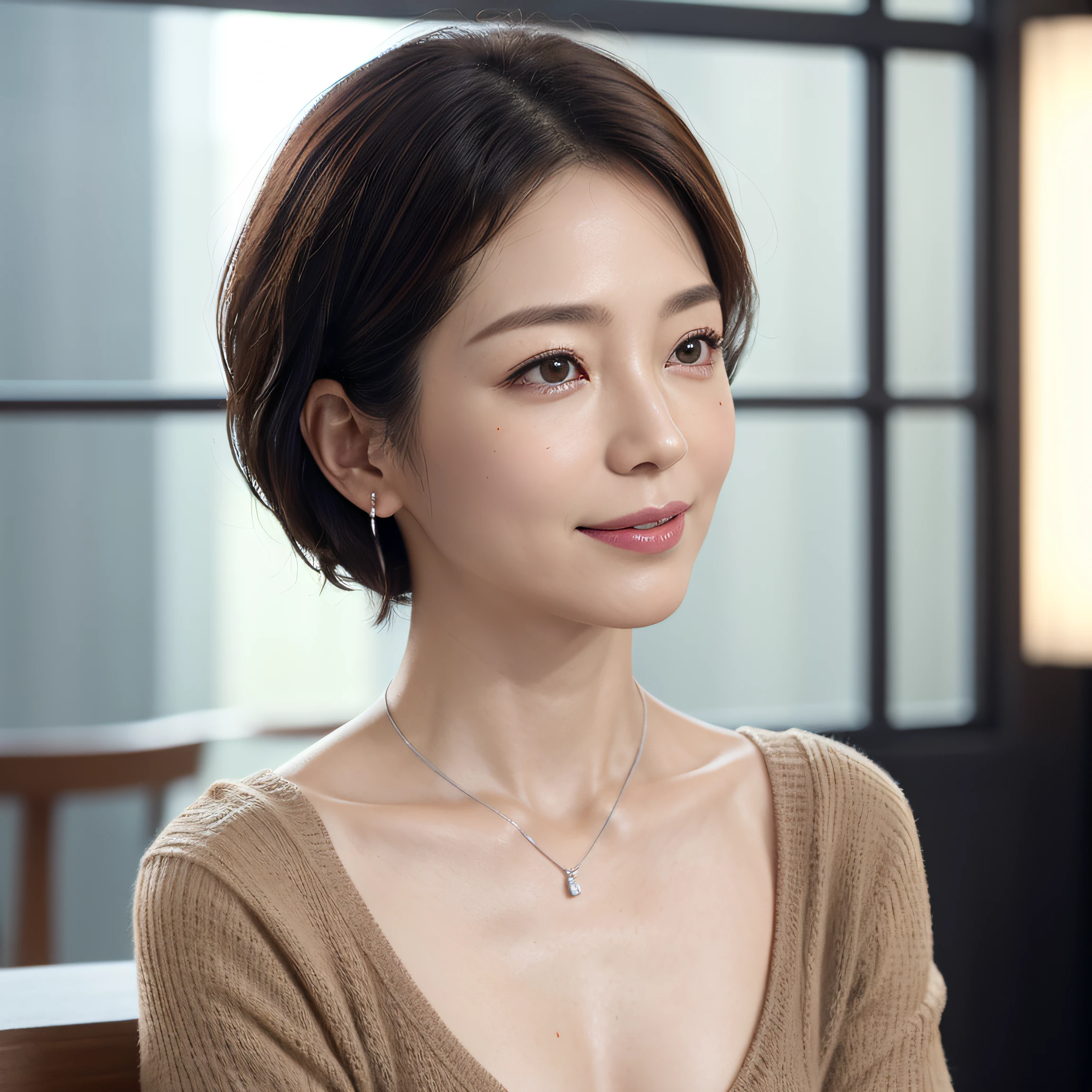 (8K, top-quality, masterpiece:1.3, 超A high resolution, A hyper-realistic), High Detail, (Face like the real thing), Photorealsitic, Raw foto, ((one beautiful women)), Detailed face, beautidful eyes, realisticeyes, Eyes in Beautiful Details, (real looking skin), Beautiful skins, enticing, depth of fields, hight resolution, High pixel count, ((Sideways face, Looking away, Don't look your audience in the eye, Don't look at the camera)), fashionable cafe, The background is also in the picture, clear details, sharp photo, Natural color reproduction, Noise Reduction, High fidelity, Small pendant in silver color, A small necklace in silver color, (Wine-colored light knit U-neck shirt, Neat and clean clothing, Clothing that makes it difficult to see the chest, Clothing that makes it difficult to see the chest, Clothes with hidden breasts), small tits, Sexy lips, Ears are visible, a smile, kindly smile, Beautiful skins, enticing, the golden ratio, (Detal Face:1.2), profetional lighting, Lighting the face, best light, japanes, A Japanese Lady, Japan Mature Woman, a matural female, Short Bob Hair, ((sixty years old, Beautiful, Wrinkles on the face, Wrinkles at the corners of the eyes, Nasolabial fold wrinkles, Small wrinkles, Beautiful, Beautiful Aunt, Moderate moles, Small mole on the face))