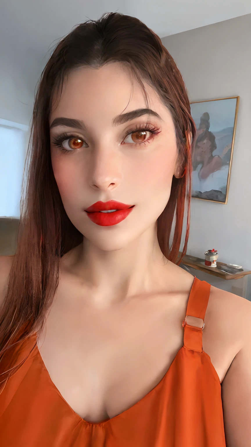There's a woman with a red lipstick and a brown dress, Batom vermelho no rosto, red lips, sexy red lips, small and thick red lips, Batom vermelho brilhante, cheeky smile with red lips, thick red lips, Red lipstick, faint red lips, Mulher francesa de 30 anos, neck zoomed in from lips down, detailed face with red lips