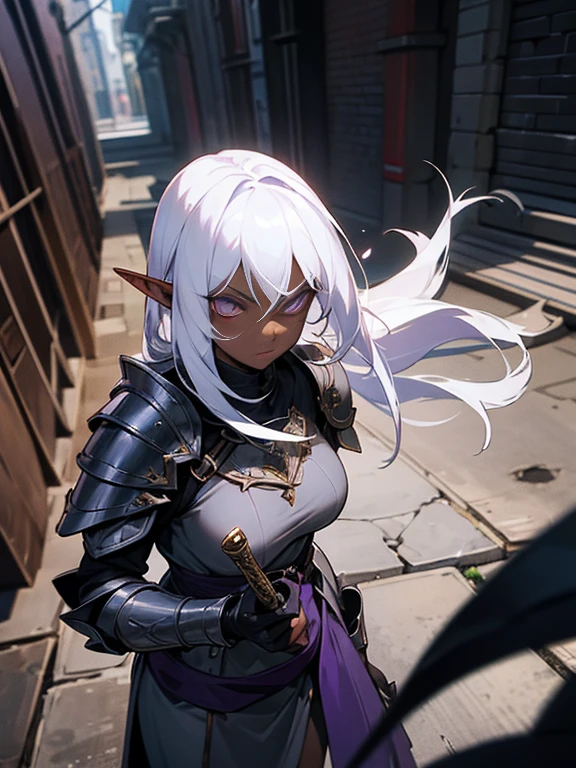 1girl, dark skin, elf, white hair, thief armor, damaged clothes, exposed body, serious look, purple pupils, black sclera, fantasy city, alleyway, holding dagger,