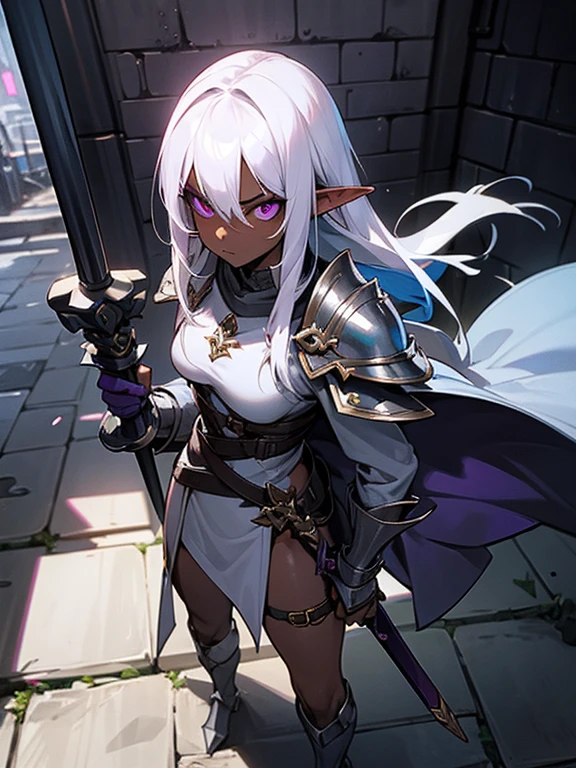 1girl, dark skin, elf, white hair, torn clothes, damaged armor, battle pose, purple pupils, black sclera, open mouth, fangs, fantasy castle, courtyard, looking at viewer, wideshot