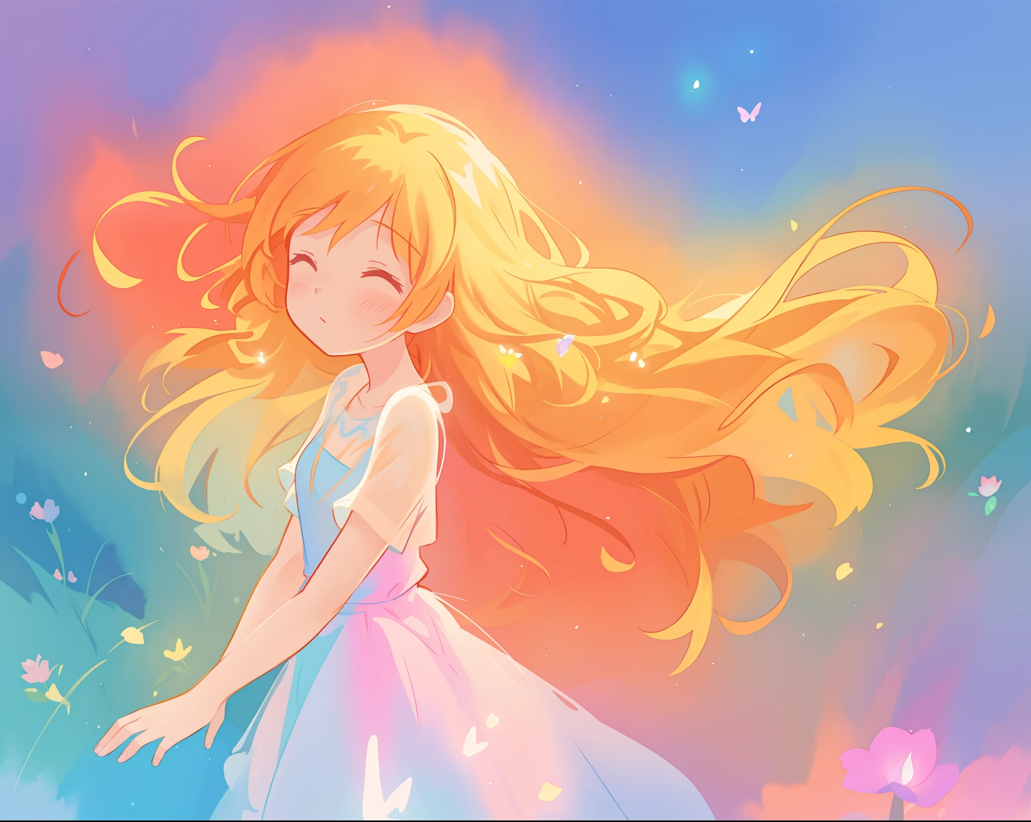 beautiful girl in flowing multi-layered dress, fairy dress, long golden hair, watercolor illustration, inspired by Glen Keane, inspired by Lois van Baarle, disney art style, by Lois van Baarle, glowing aura around her, by Glen Keane, jen bartel, glowing lights! digital painting, flowing glowing hair, glowing flowing hair, beautiful digital illustration, fantasia otherworldly landscape plants flowers, beautiful, masterpiece, best quality, anime disney style