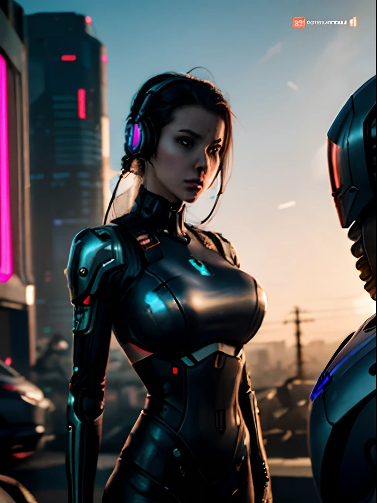 a woman with headphones standing next to a robot, cyberpunk art by Jason A. Engle, cgsociety, retrofuturism, ilya kuvshinov, sci-fi, futuristic, vibrant, photorealistic, realistic, dramatic, cinematic lighting, sharp focus, 8k