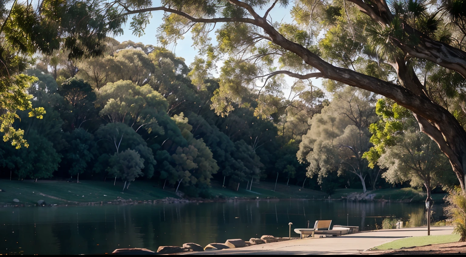 a hyper realistic photography of Claremont Lake Reserve in Perth, Western Australia, no people, Nikon D850 DSLR 4k camera, 100mm lens, F 1.2 aperture setting, bright and natural lighting, vibrant, fun and relaxing atmosphere